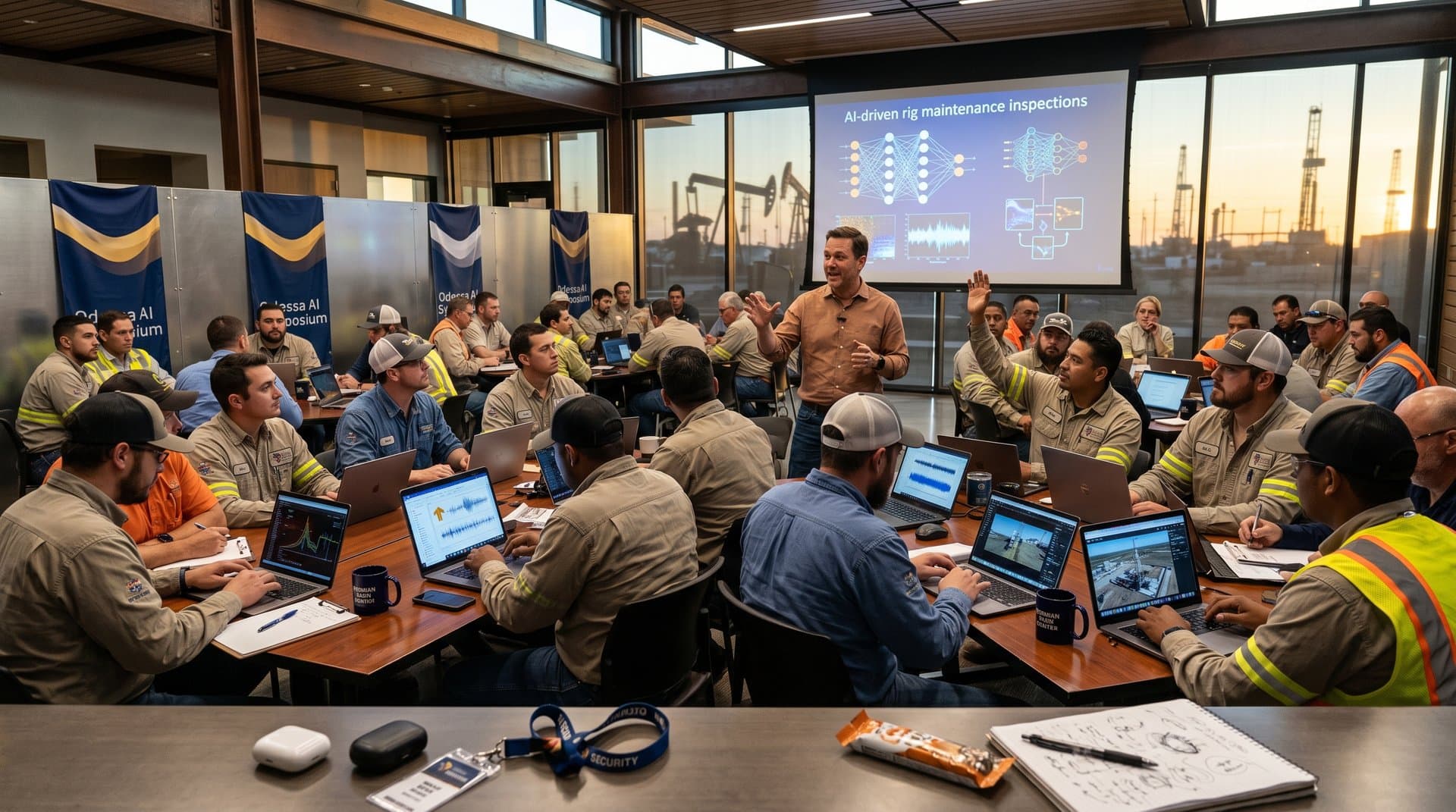 Energy workers in Odessa workshop learning AI tools for Permian Basin operations with laptops and projections