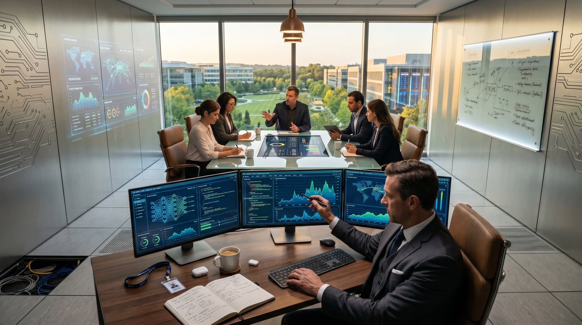 Tech boardroom with monitors showing AI aviation dashboards, efficiency graphs, and flight optimizations