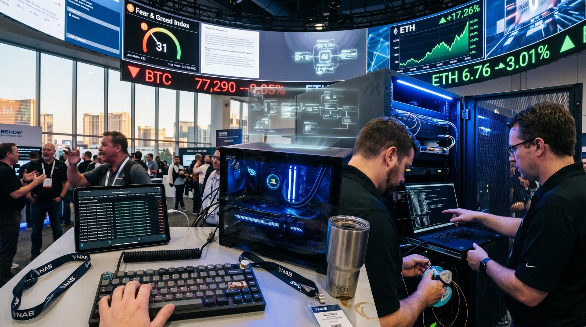 AI broadcast technology demo at NAB Show with crypto tickers and newsroom automation