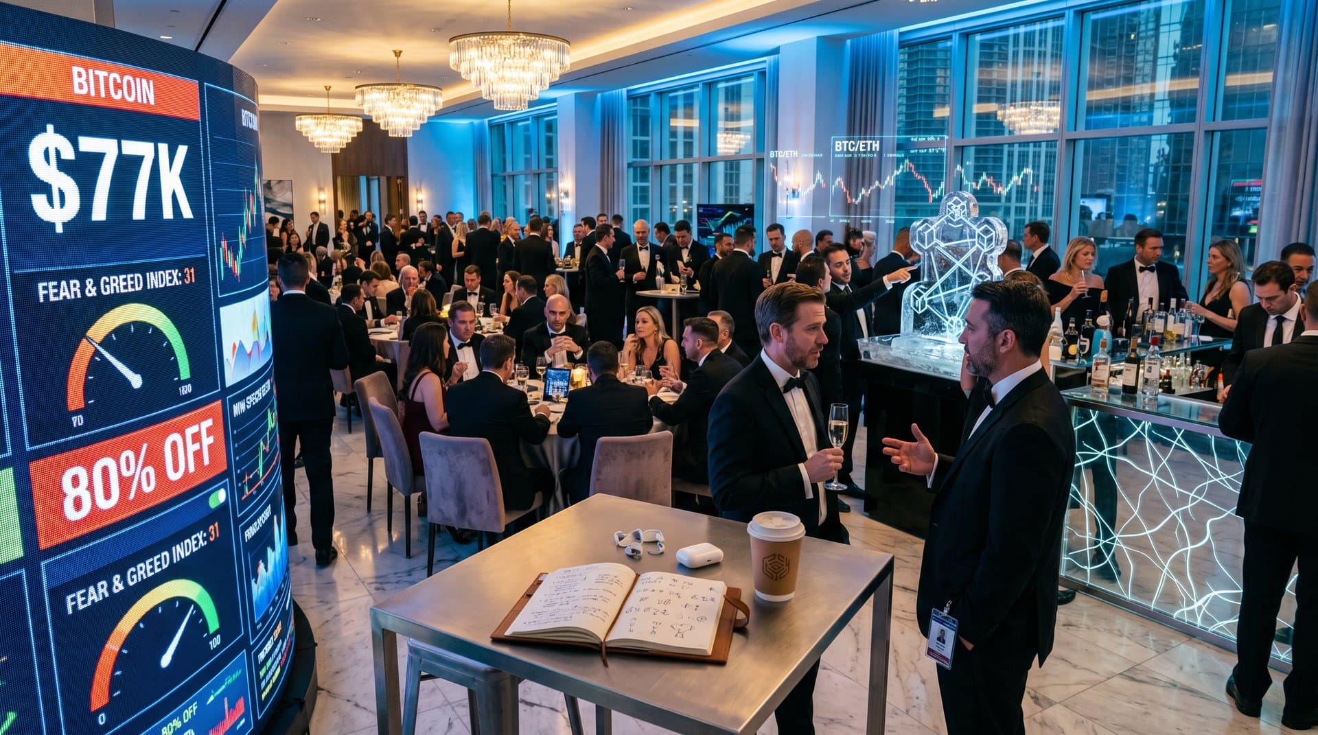 Empty VIP crypto gala hall with 80% off signs, BTC charts at $77K, and Fear & Greed Index at 31 amid dim lighting