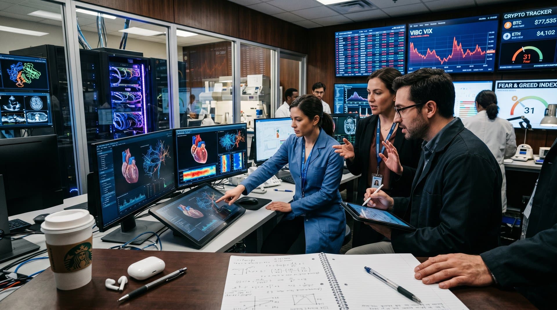 AI lab visualizing heart models and risk predictions with crypto market overlays in innovative tech environment.