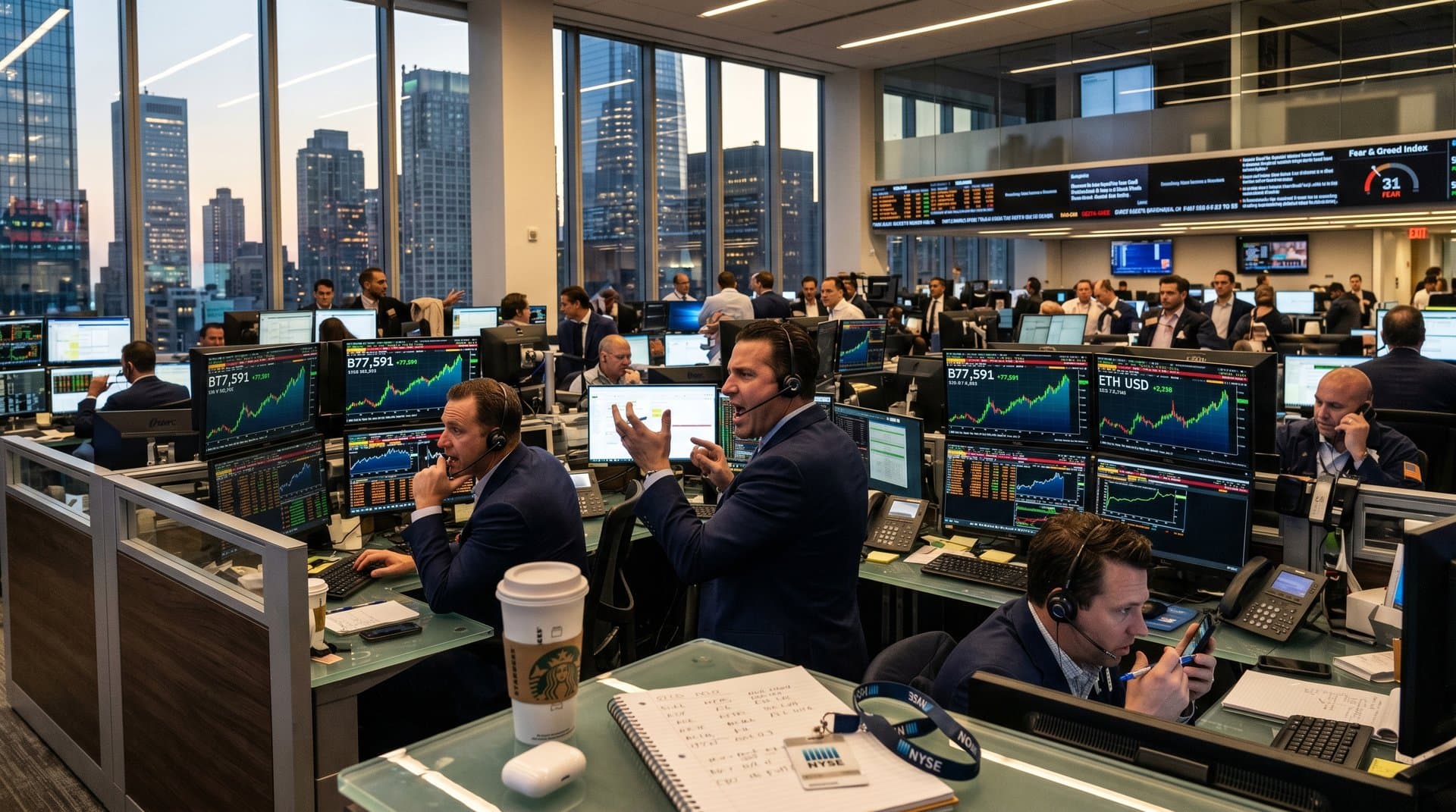 Traders at Wall Street desks monitor BTC and ETH prices on Bloomberg terminals amid busy trading floor with multiple screens and city views