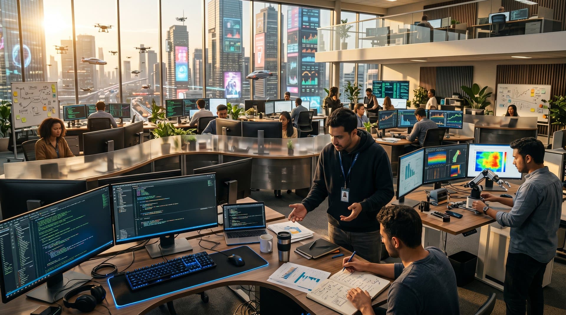 High-tech fintech office with Mine IDE screens showing Lisp code, trading charts, and AI visuals