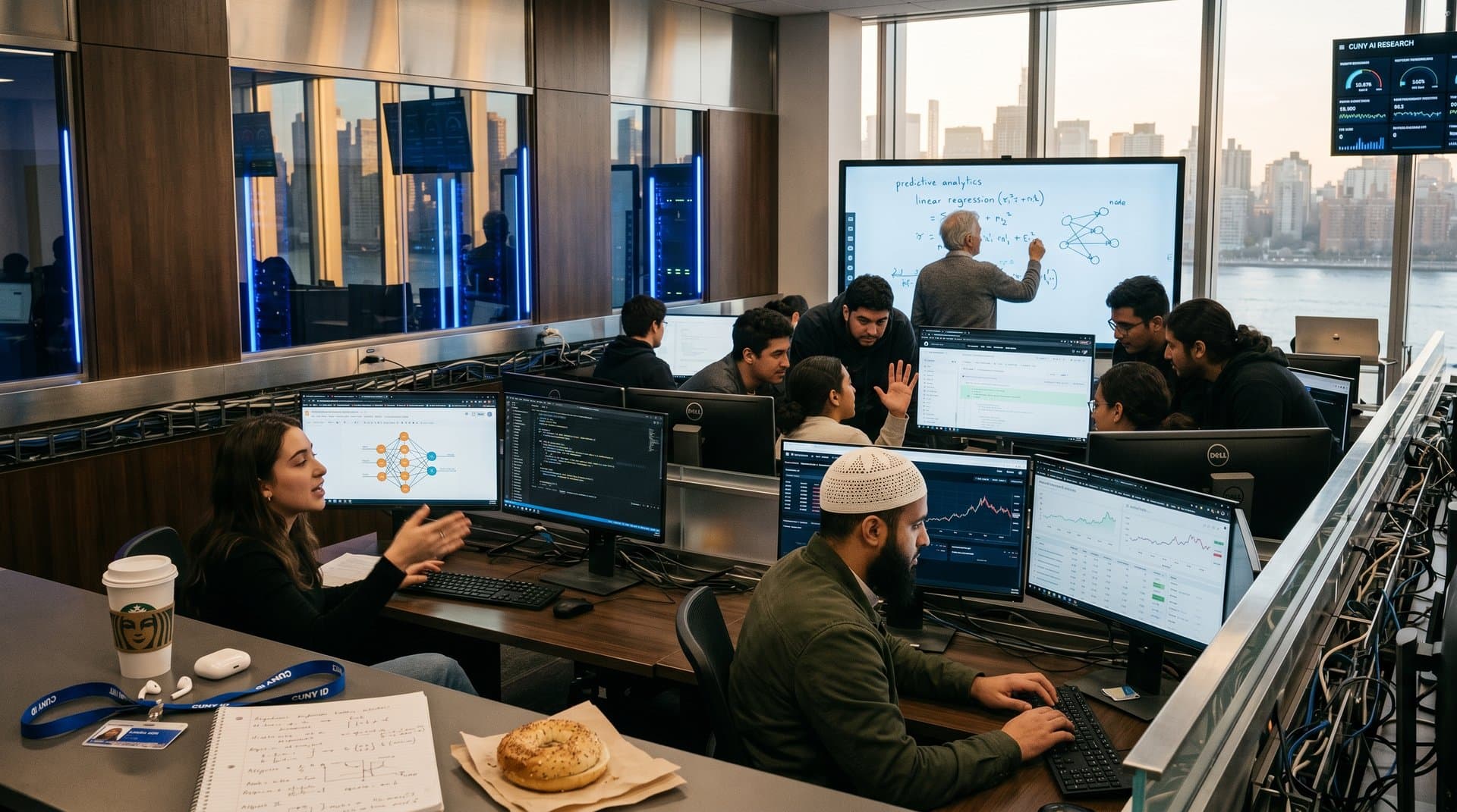 Diverse BMCC students collaborate on AI projects in NYC community college lab with Manhattan skyline view
