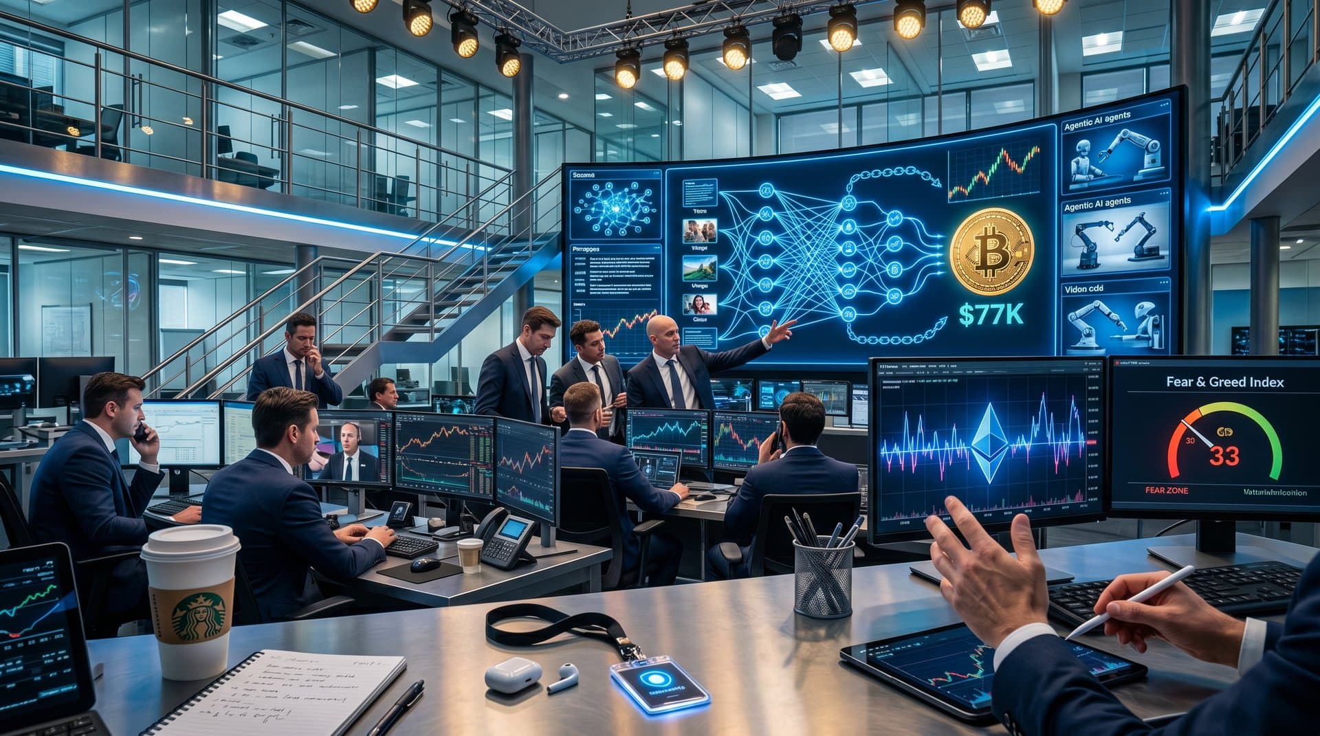 AI neural networks merge with blockchain and crypto charts showing BTC at $77K and Fear Index at 33