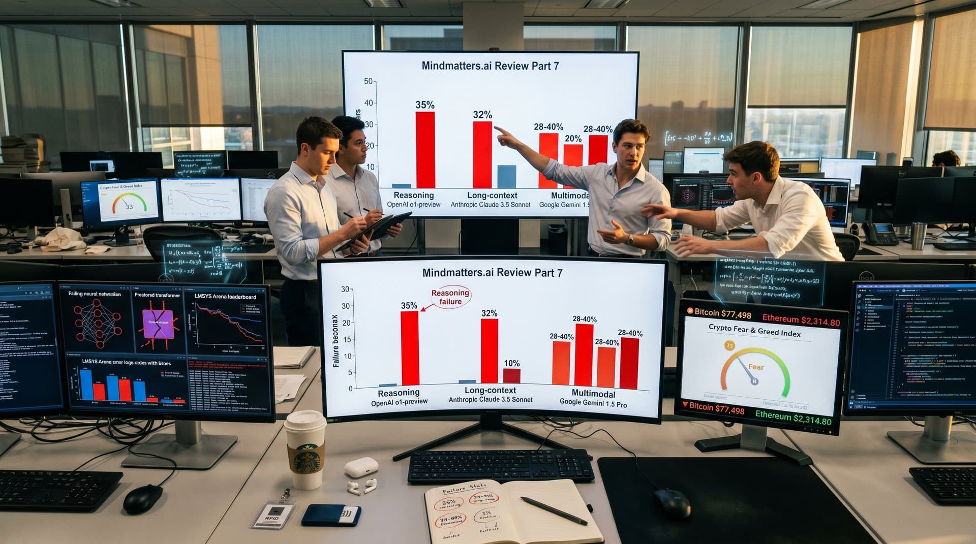 Digital dashboard of AI benchmarks showing frontier model gaps, Fear & Greed at 33, leaderboards, in neon abstract style