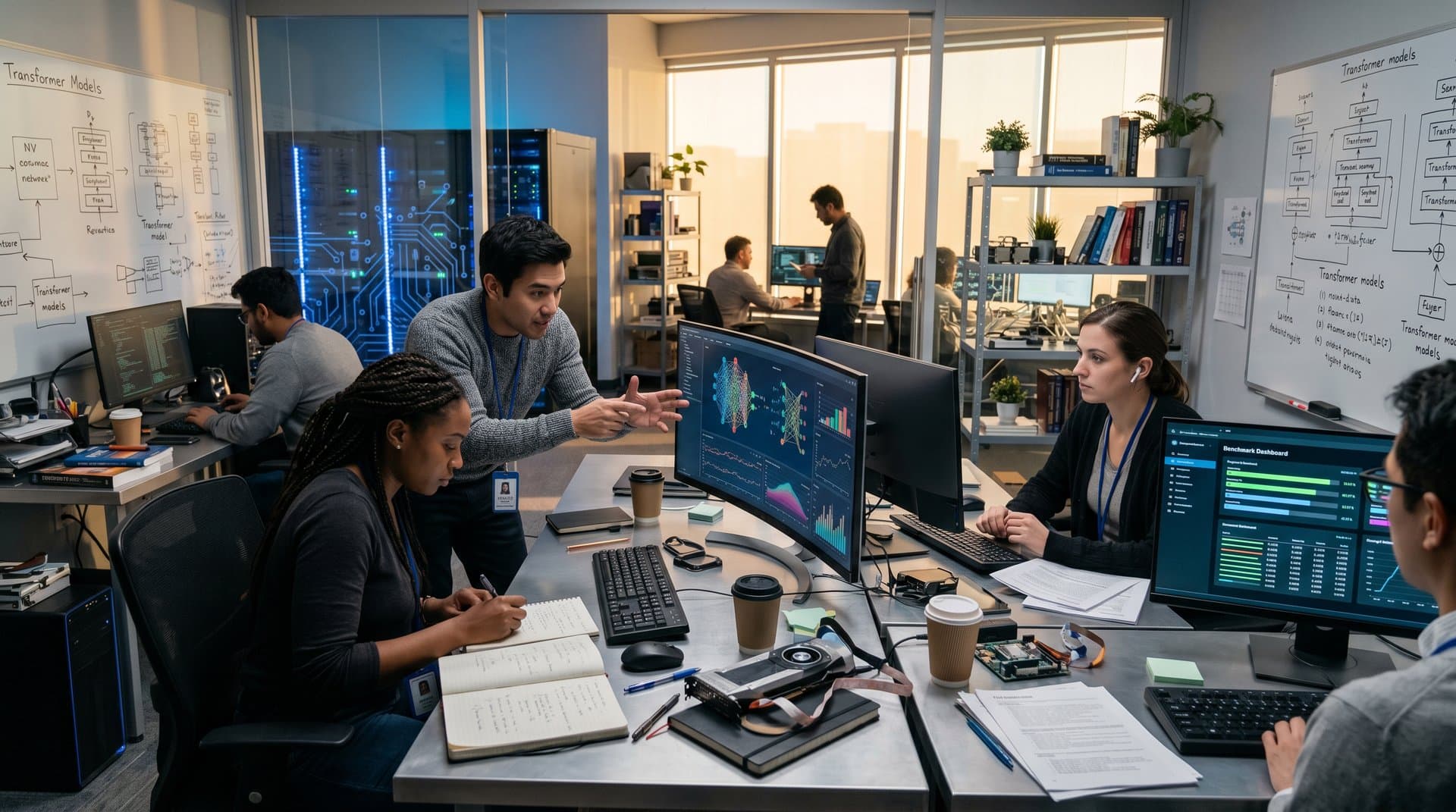 Futuristic AI lab with curved monitors showing neural networks, server racks, and benchmark dashboards in modern tech environment