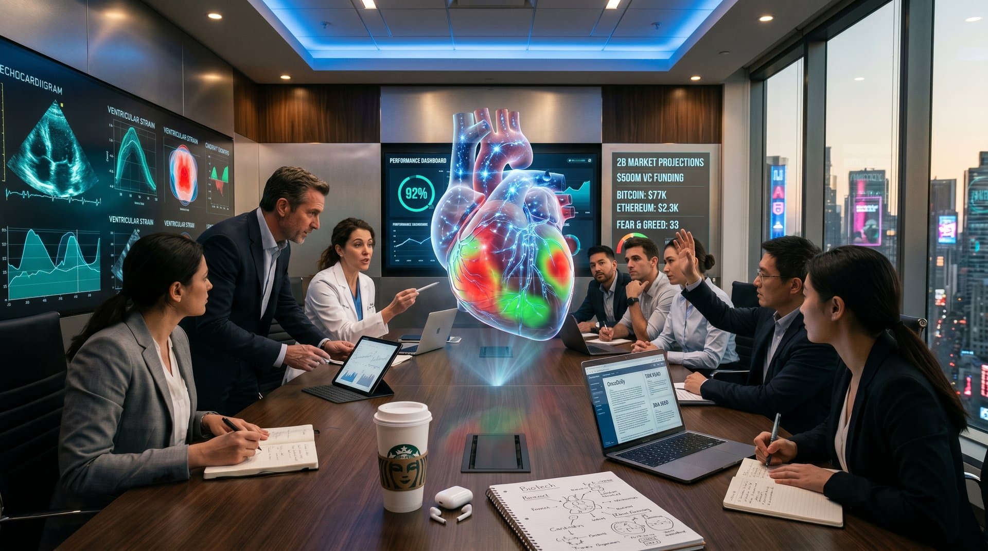 AI-enhanced 3D heart model with risk heatmaps and crypto charts in modern healthtech boardroom.