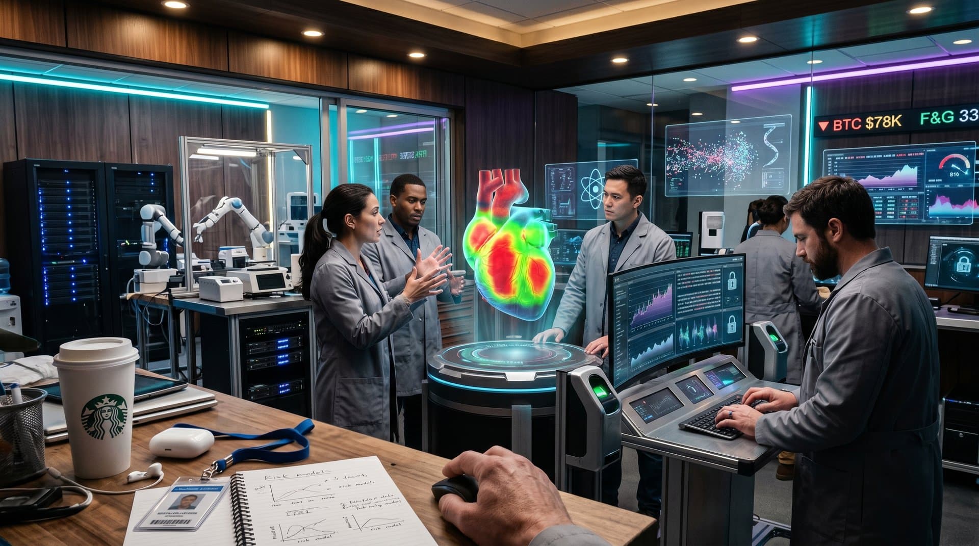 Futuristic AI lab analyzes secure 3D heart risk models with cybersecurity shields and BTC charts