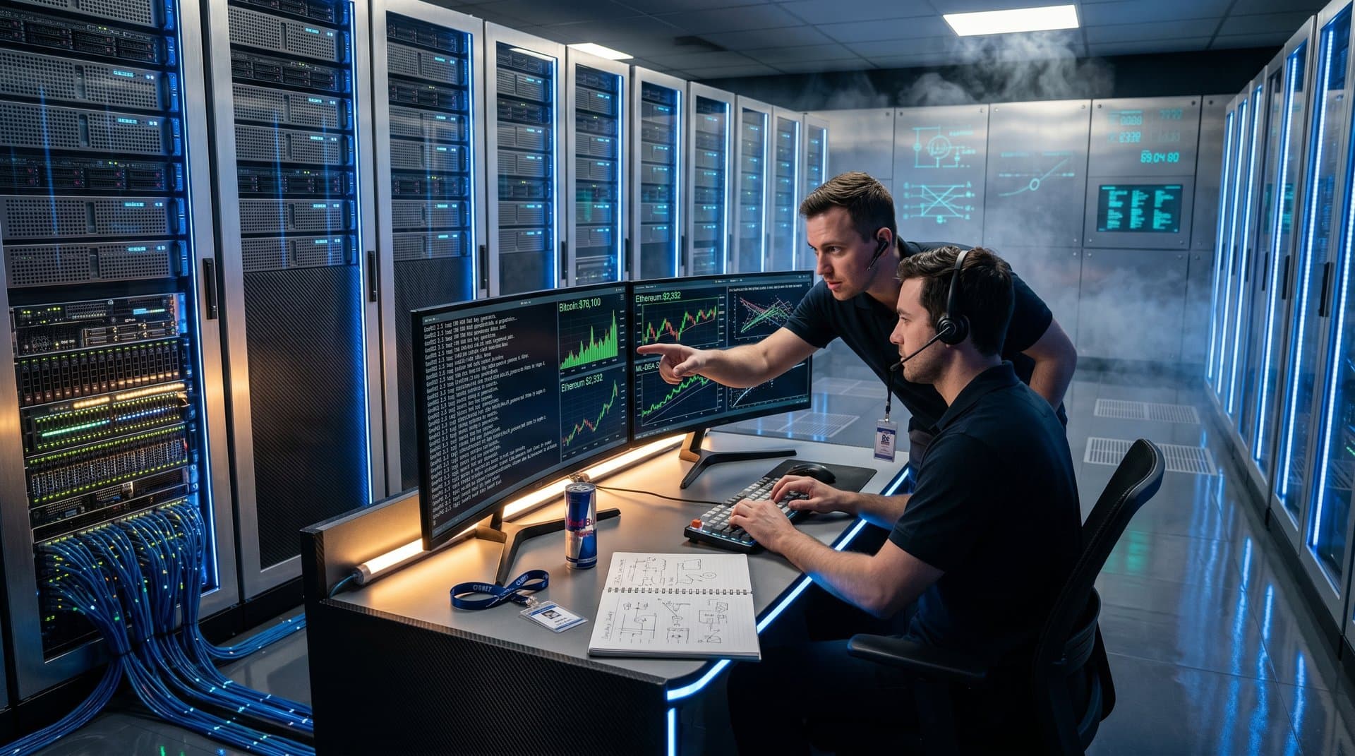 Server rack with quantum encryption holograms and crypto charts in secure data center