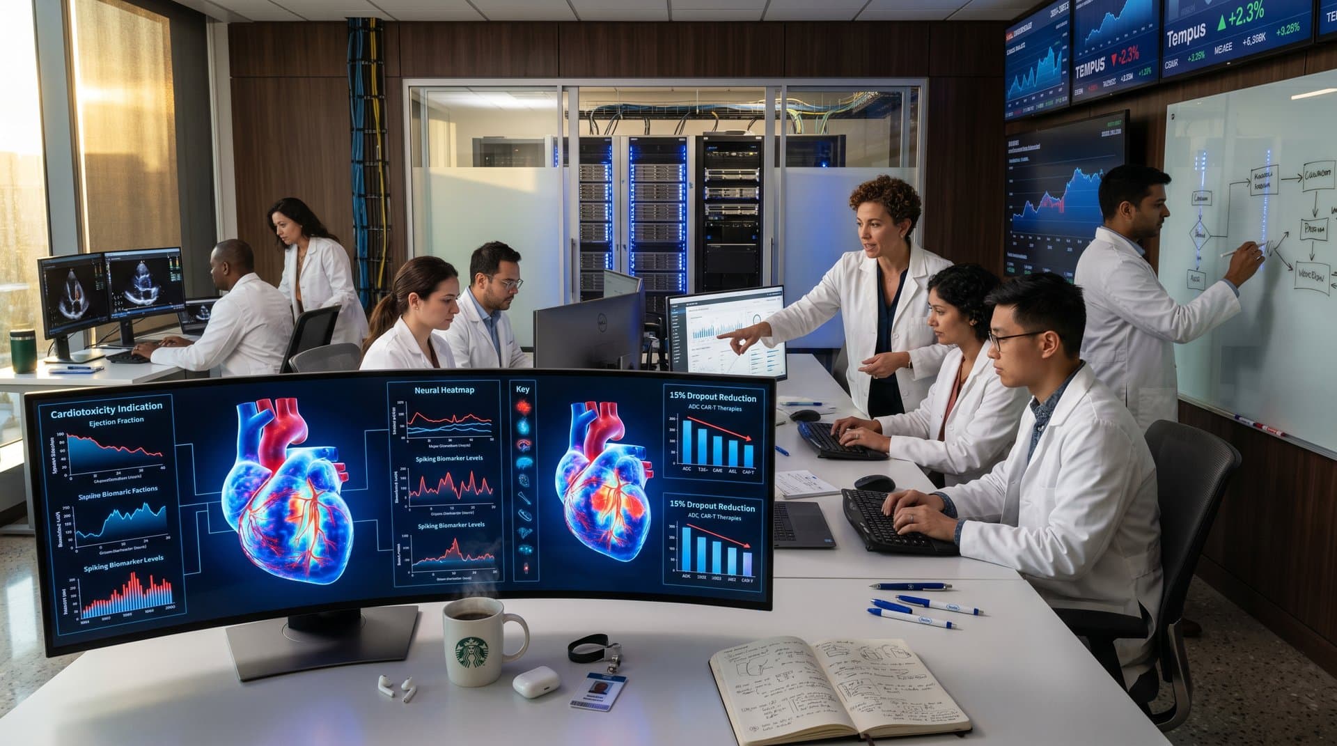 AI lab analyzes 3D heart models with neural predictions for cancer therapy risks on curved monitors in collaborative workspace