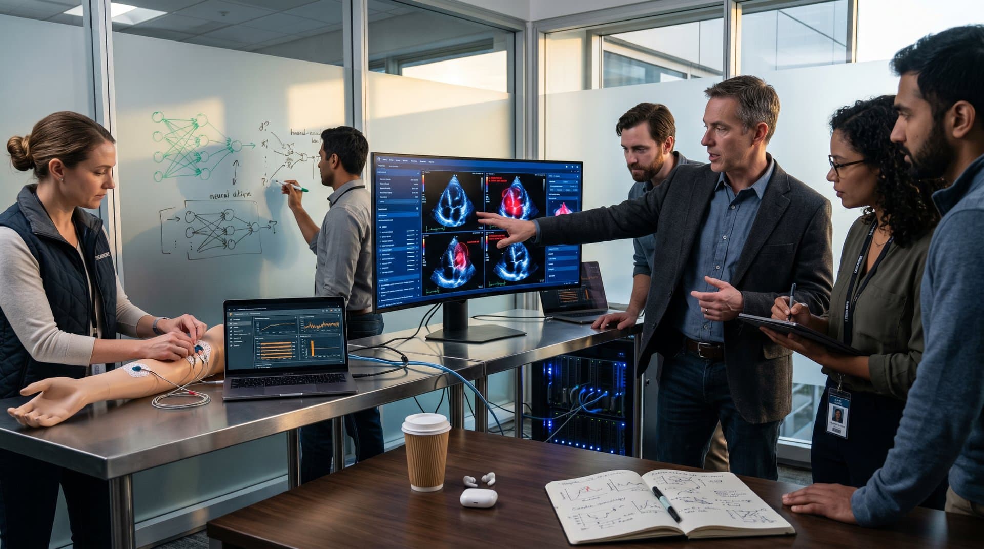 Abstract AI lab scene with echocardiogram scans and health data visualizations on monitors