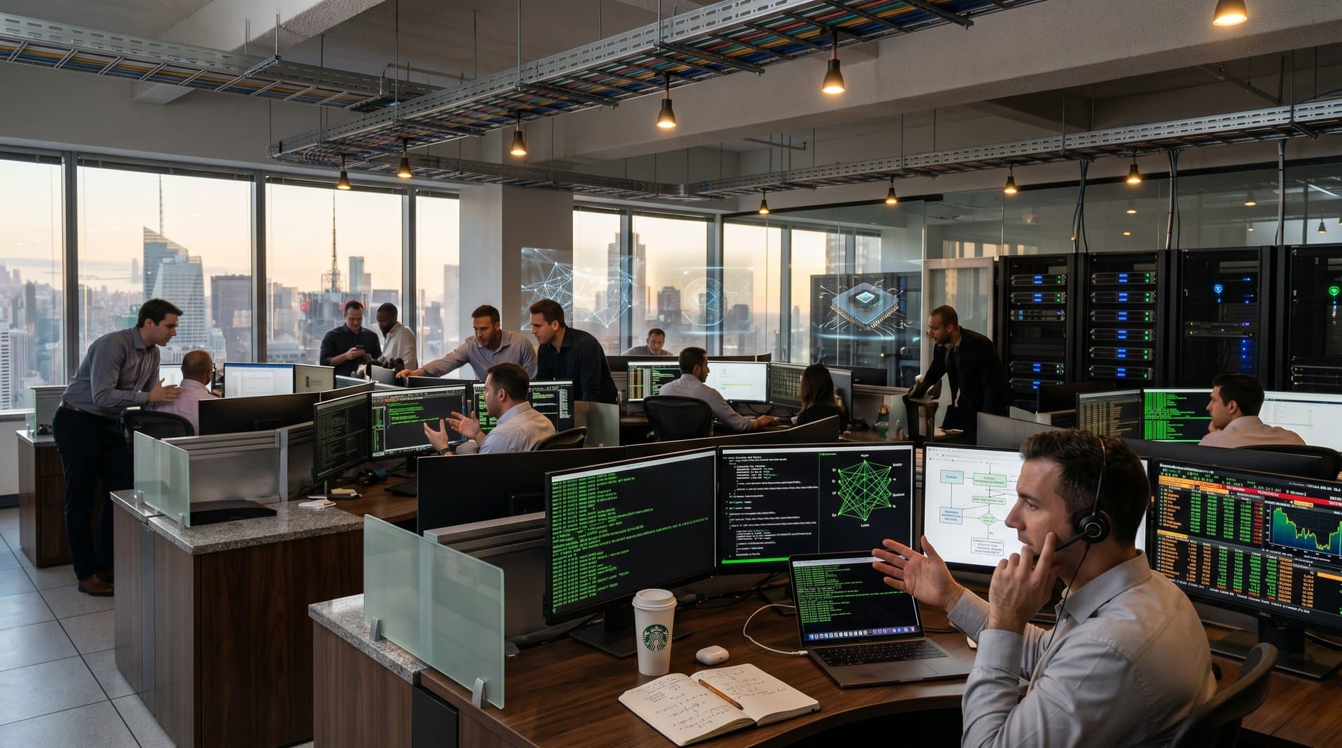 Cybersecurity ops center with GnuPG post-quantum code on monitors, glowing server racks, crypto price tickers showing BTC at $78K, quantum lattice visuals, and city skyline view.