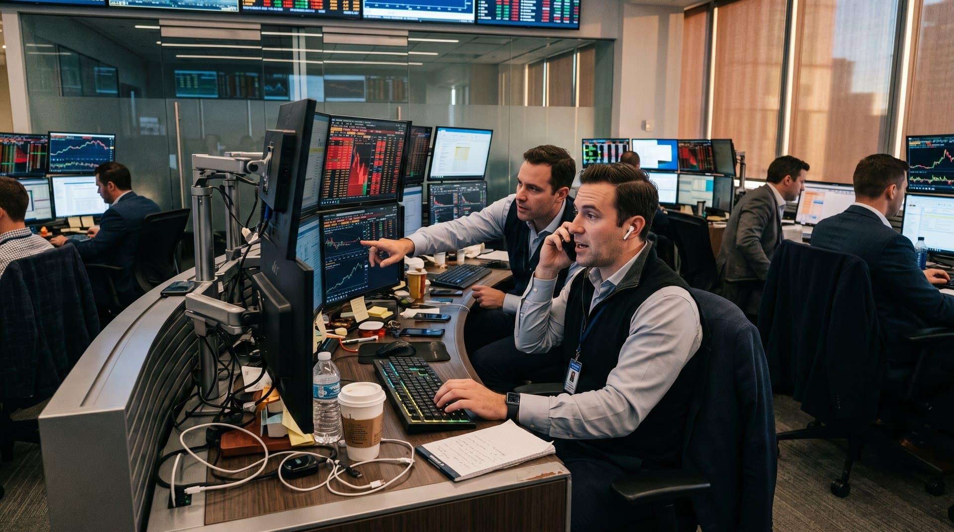 Investment firm traders analyze Atlassian stock plunge and crypto prices on multi-monitors amid active floor