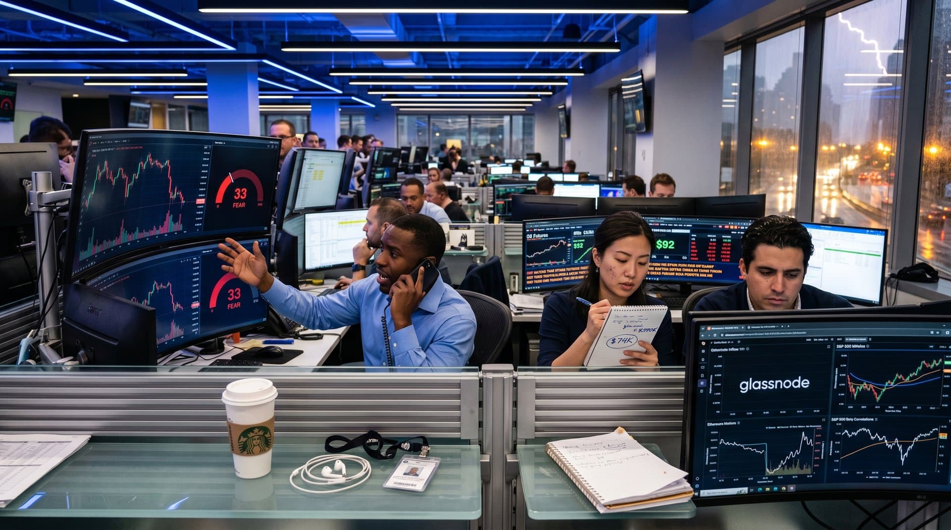 Trading floor monitors show Bitcoin plunge charts from $78K to $75K, Fear & Greed at 33, oil futures spike, Trump Iran snub news amid urgent trader analysis