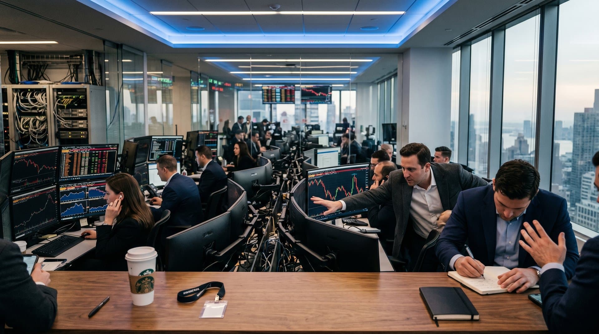 Trading floor screens display crypto charts with BTC at $78K and Fear Index at 33 amid market data streams