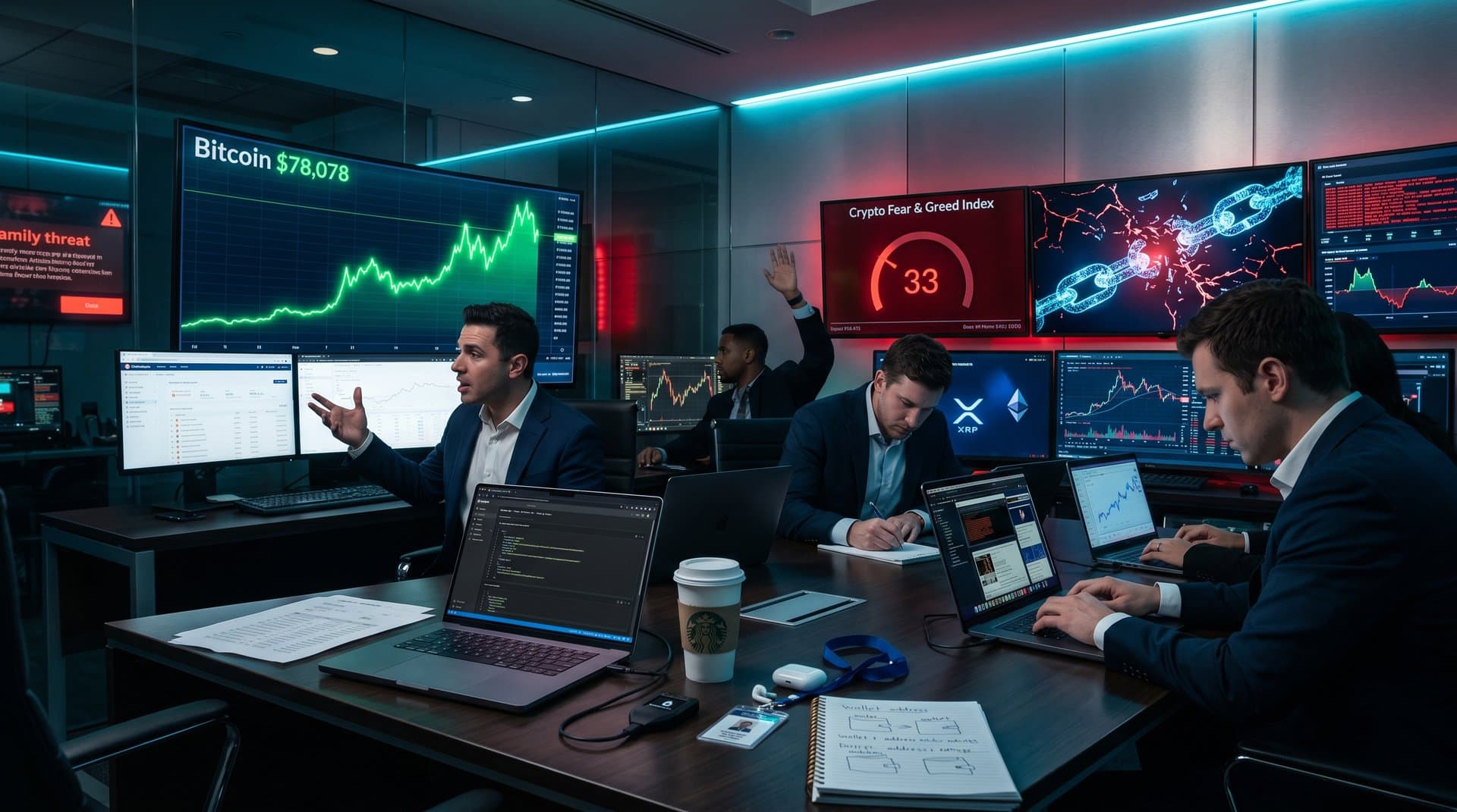 Crypto trading screens showing BTC at $78K and Fear Index at 33 with FBI probe shadows, analysts silhouettes reviewing blockchain risks