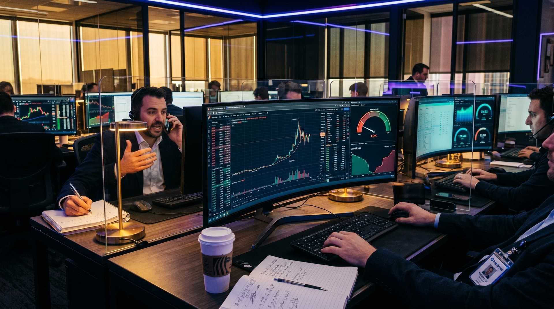 Abstract charts of XRP cryptocurrency at $1.43, Fear Index 33, and blockchain payments on trading dashboard