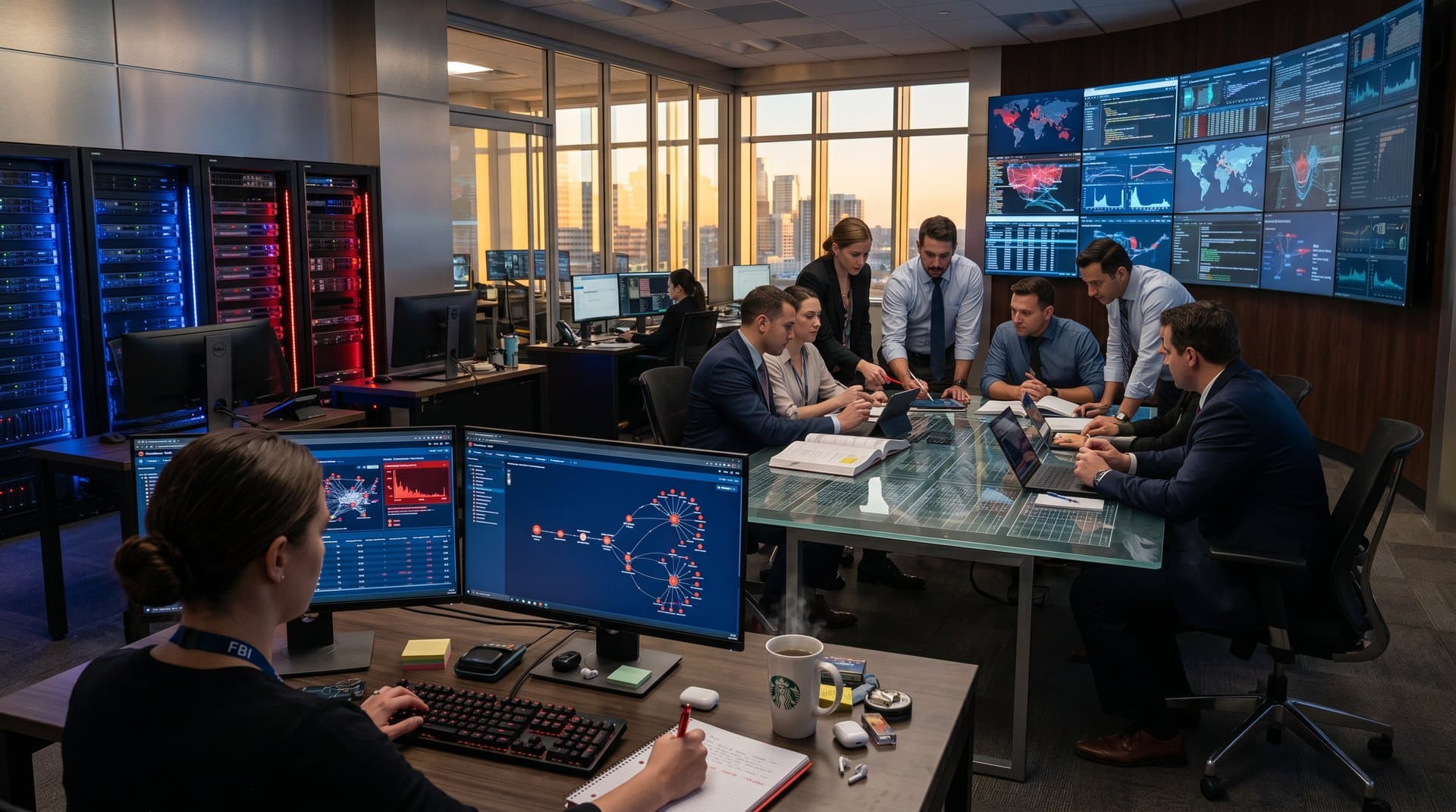 Cybersecurity team analyzes blockchain threats and crypto wallet clusters in high-tech operations center