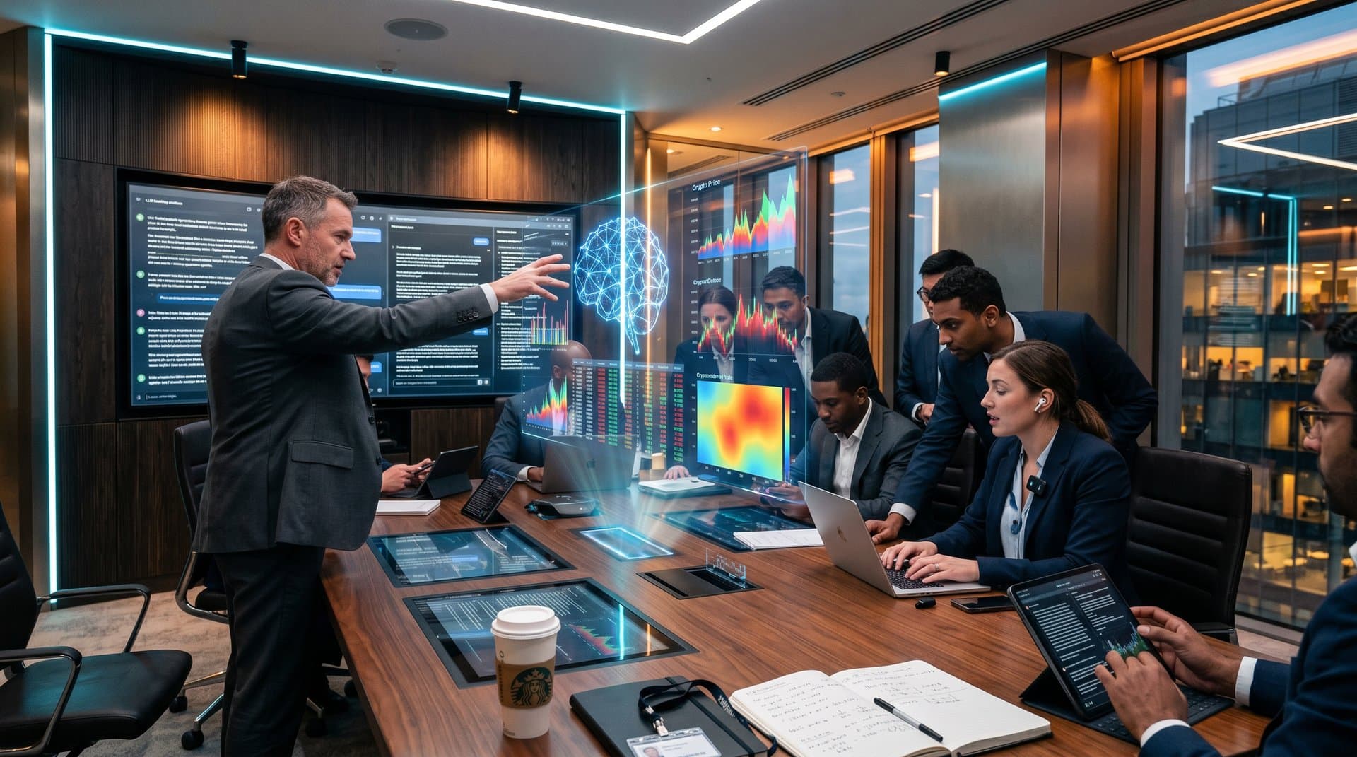 Holographic AI neural networks and financial data visualizations in modern banking boardroom with London skyline