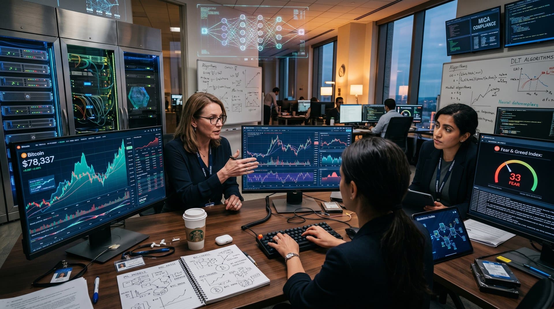 AI lab screens showing crypto volatility models, Bitcoin charts at $78K, and market sentiment graphs