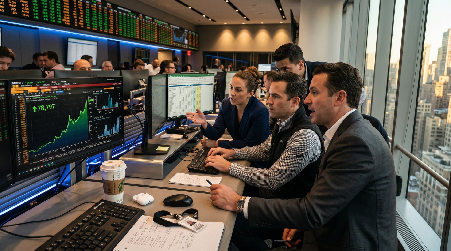 Wall Street traders monitor institutional bitcoin adoption with BTC at $78,797 on multi-monitor setups amid dynamic trading floor