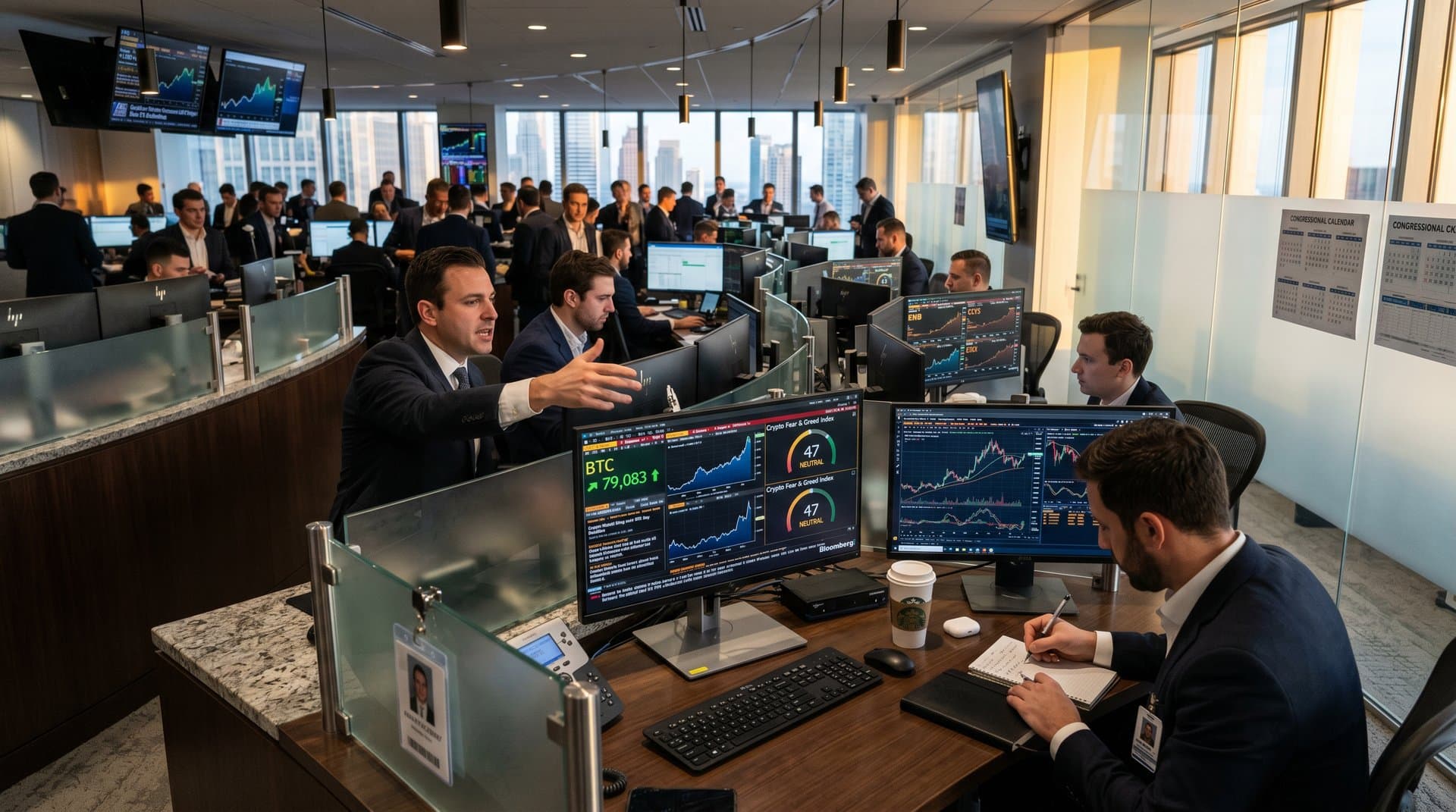 Trading floor with Bloomberg terminals showing BTC at $79,083, Fear & Greed 47, and crypto market structure bill headlines