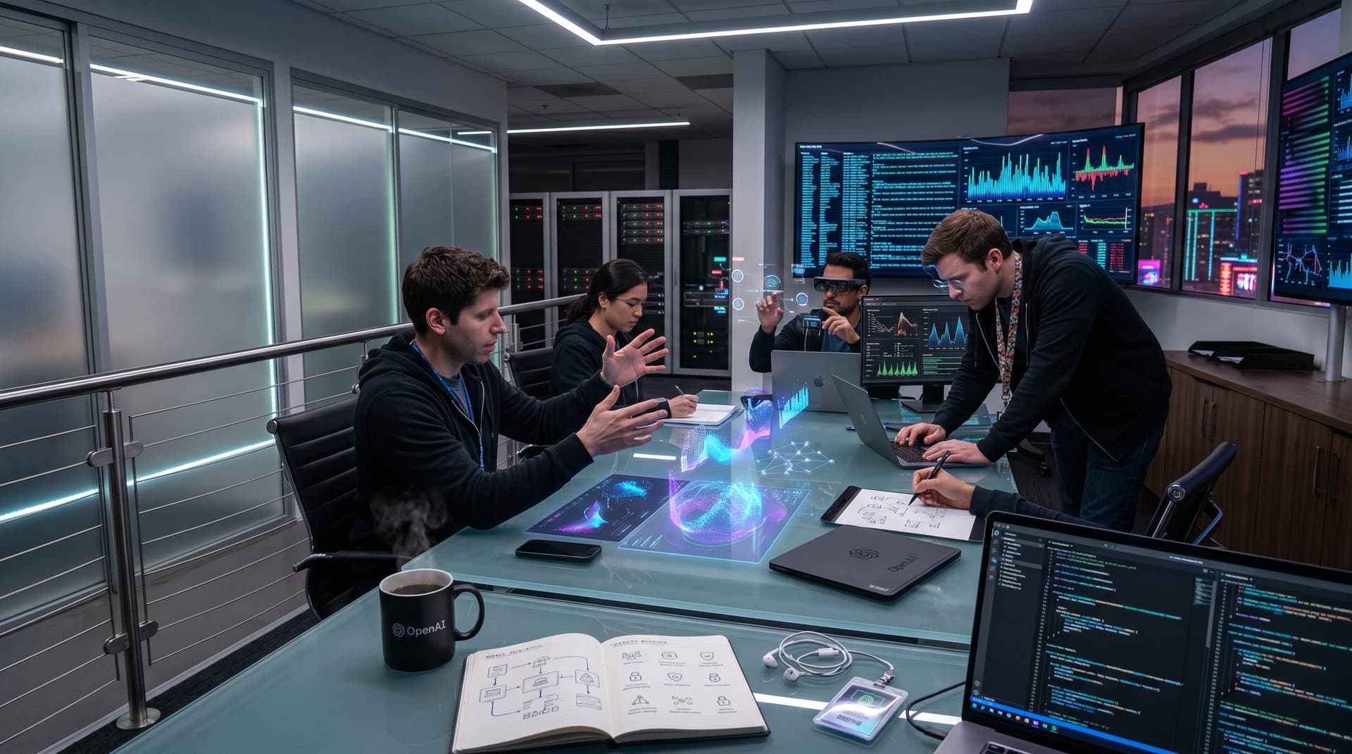 Abstract AI researchers in OpenAI lab with neural networks, safety diagrams, and city skyline