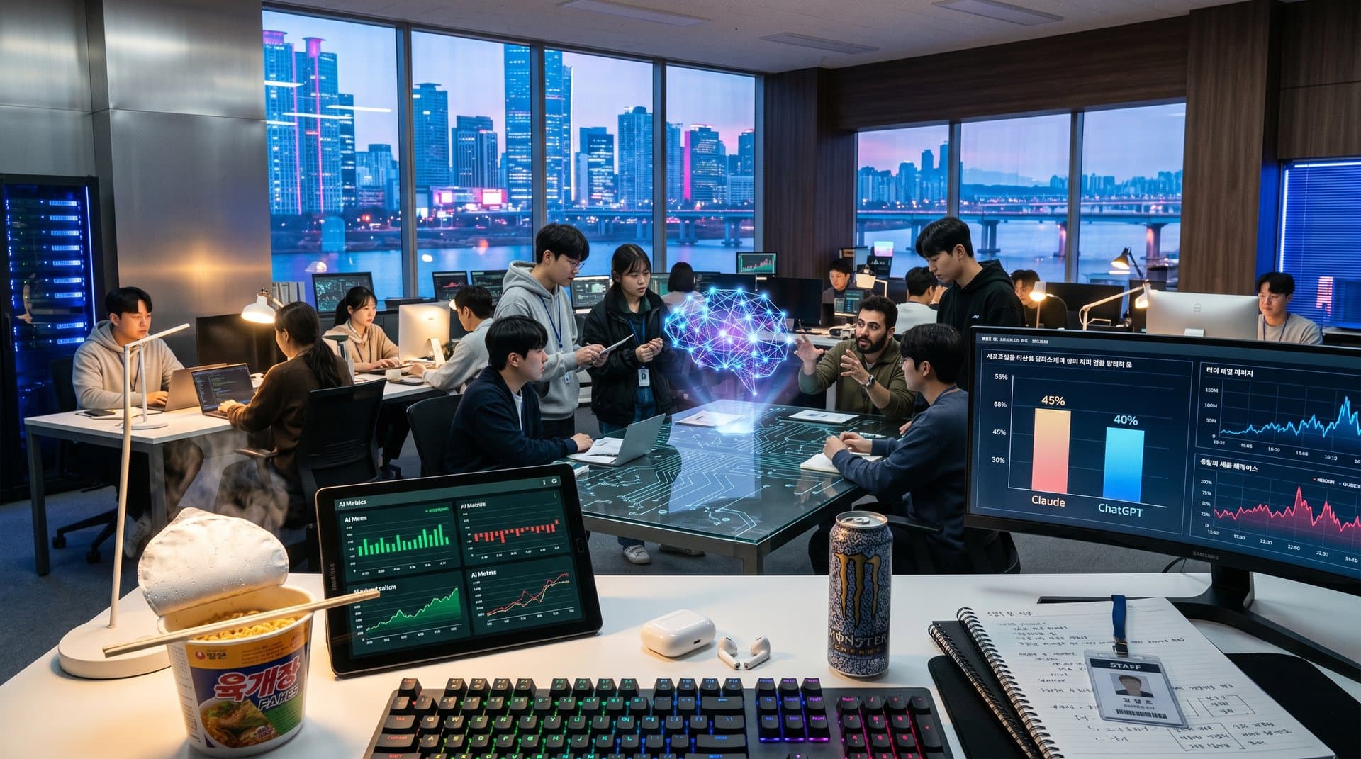 Seoul tech office with AI charts showing Claude 45% leading ChatGPT in South Korea paid AI market, neon cityscape, glowing servers