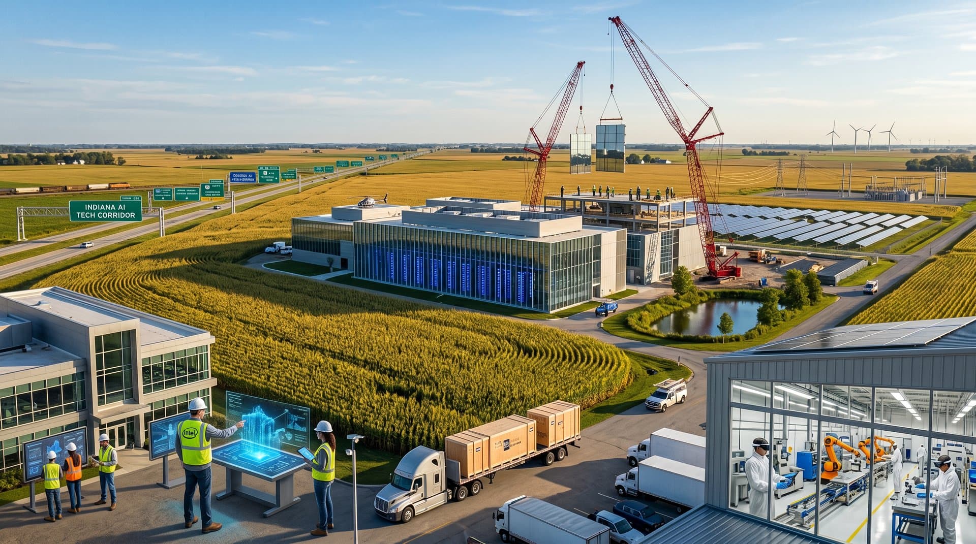 Data center in Indiana countryside with AI servers, solar panels, and manufacturing robots symbolizing tech-economic growth