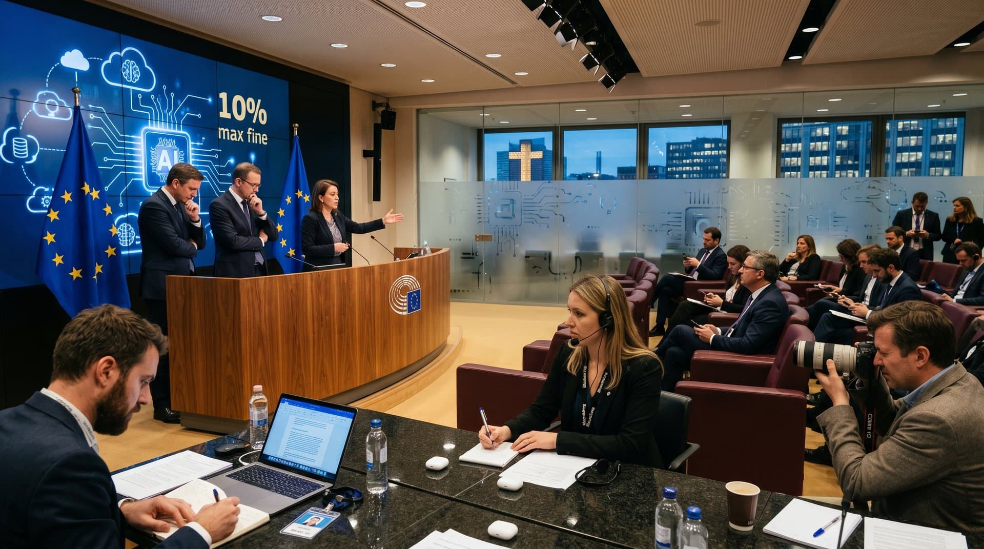 EU regulators announcing DMA expansion to cloud and AI in Brussels briefing room with journalists and Big Tech execs