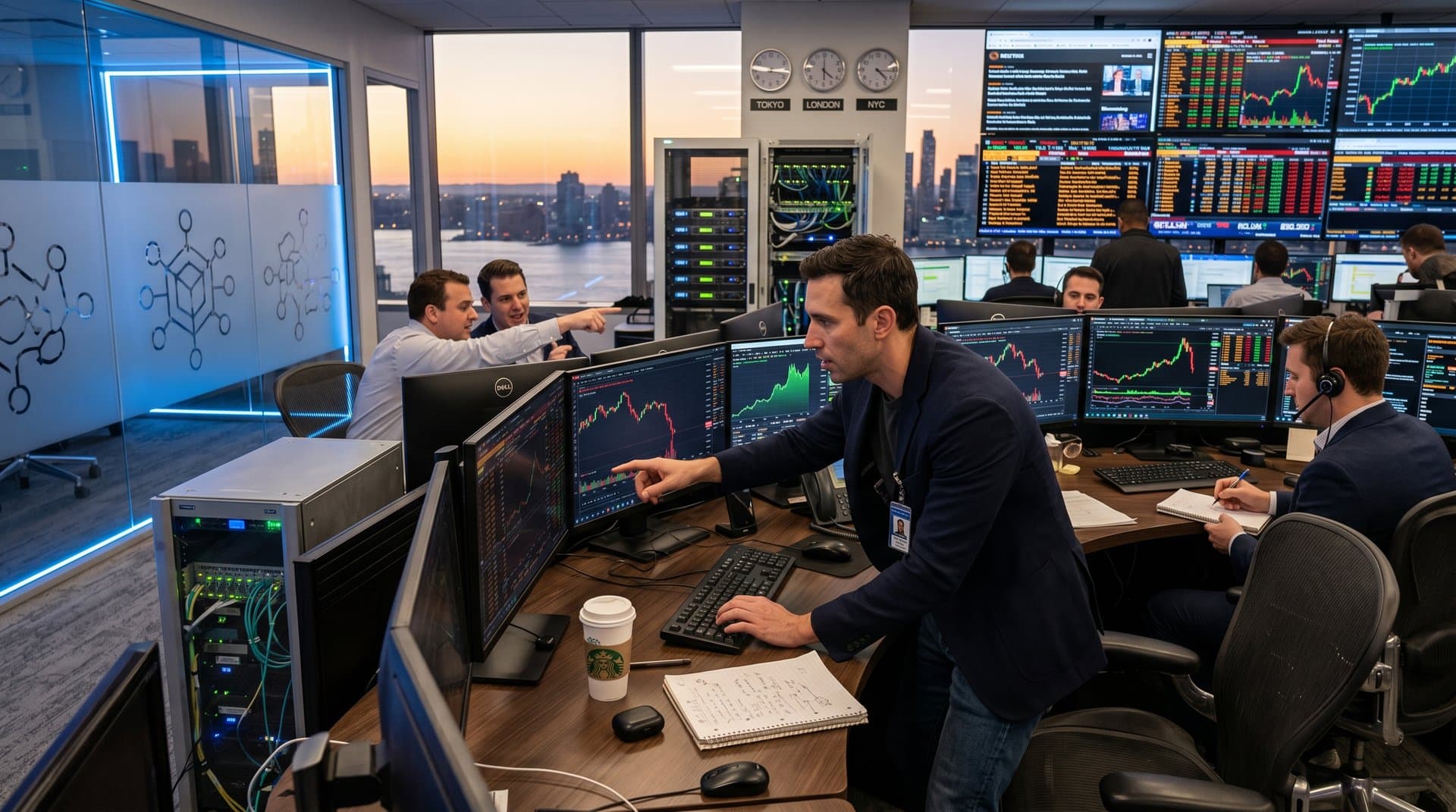 Analysts at Galaxy Digital trading floor scrutinize Novogratz Bitcoin 2026 charts on advanced multi-monitor setups amid modern LED-lit office and skyline views
