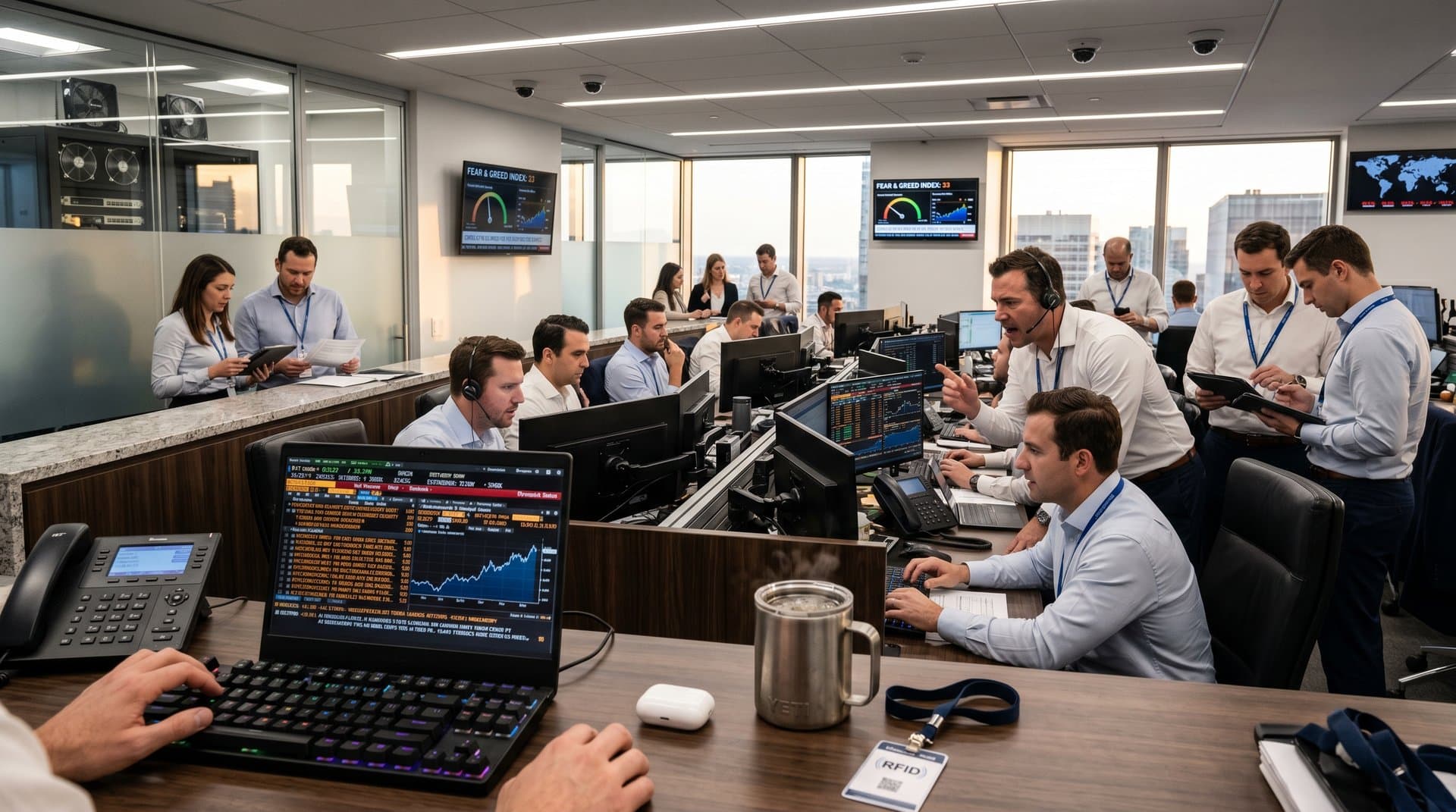 Trading floor with Bloomberg terminals showing Ethereum price charts at $2,301 amid AI regulatory news, Fear & Greed Index at 33
