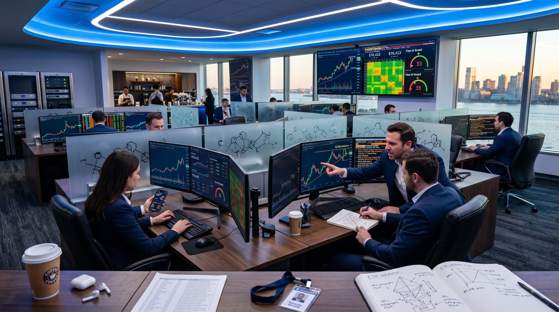 Trading screens show Ethereum price prediction charts at $2,293 targeting $3,000, BTC at $76,412, Fear & Greed 33 amid MiCA analysis on modern finance desk
