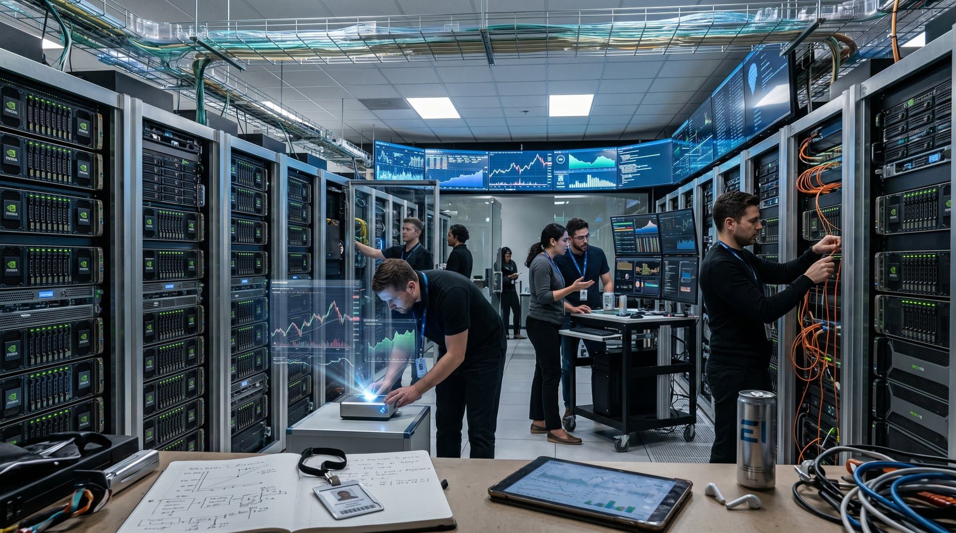 High-tech data center with Ethereum charts on monitors, glowing GPU racks, and AI infrastructure elements