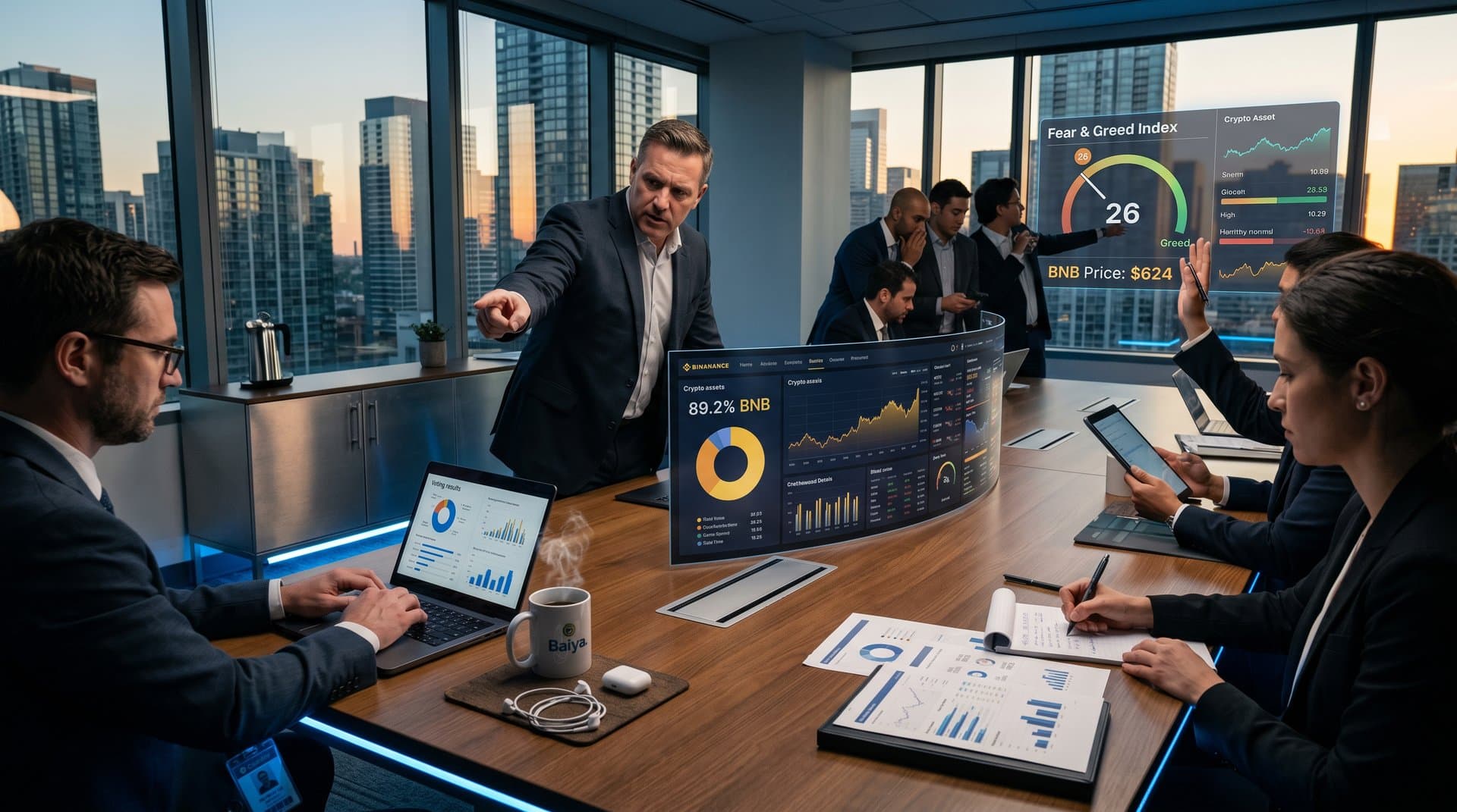 Corporate boardroom displays 89.2% BNB vote on dashboard amid crypto charts and AI analytics