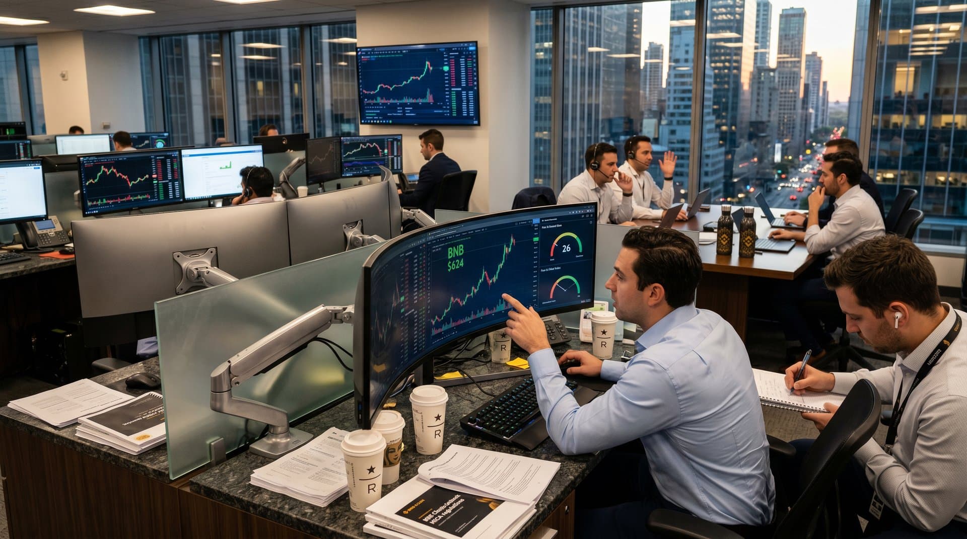Trading floor screens showing BNB at $624 charts, Fear & Greed 26, BTC and ETH tickers amid finance reports