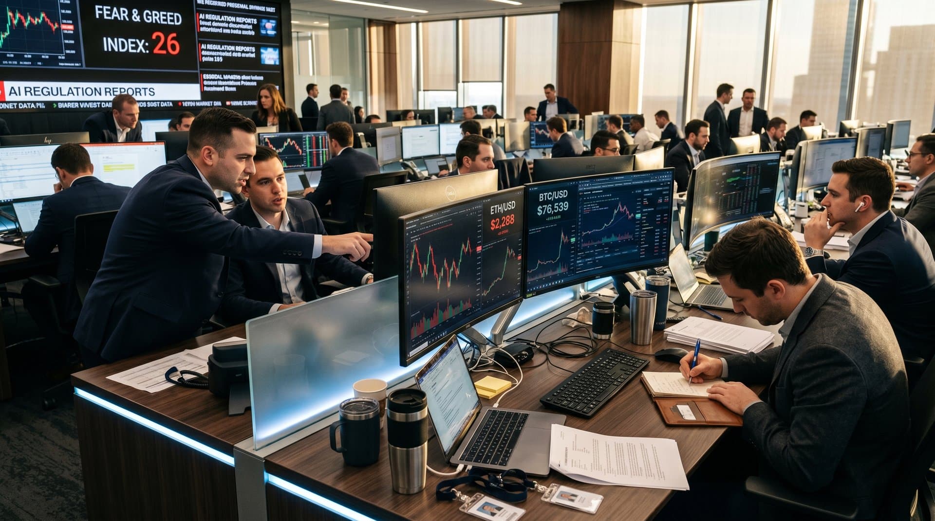 Trading floor analysts review Ethereum $2,288 charts on Bloomberg terminals amid market data, AI regulation reports, and team discussions
