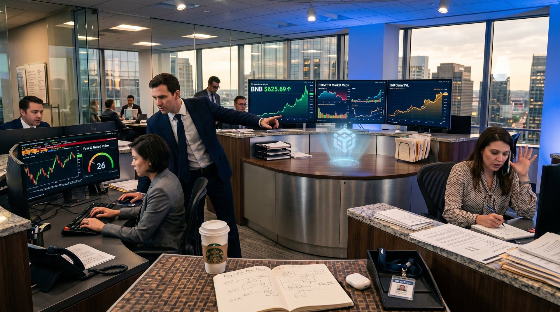 Modern trading desks with monitors showing BNB charts at $625.69, Bloomberg Terminal, coffee cups on granite surfaces, city view in executive blockchain treasury environment