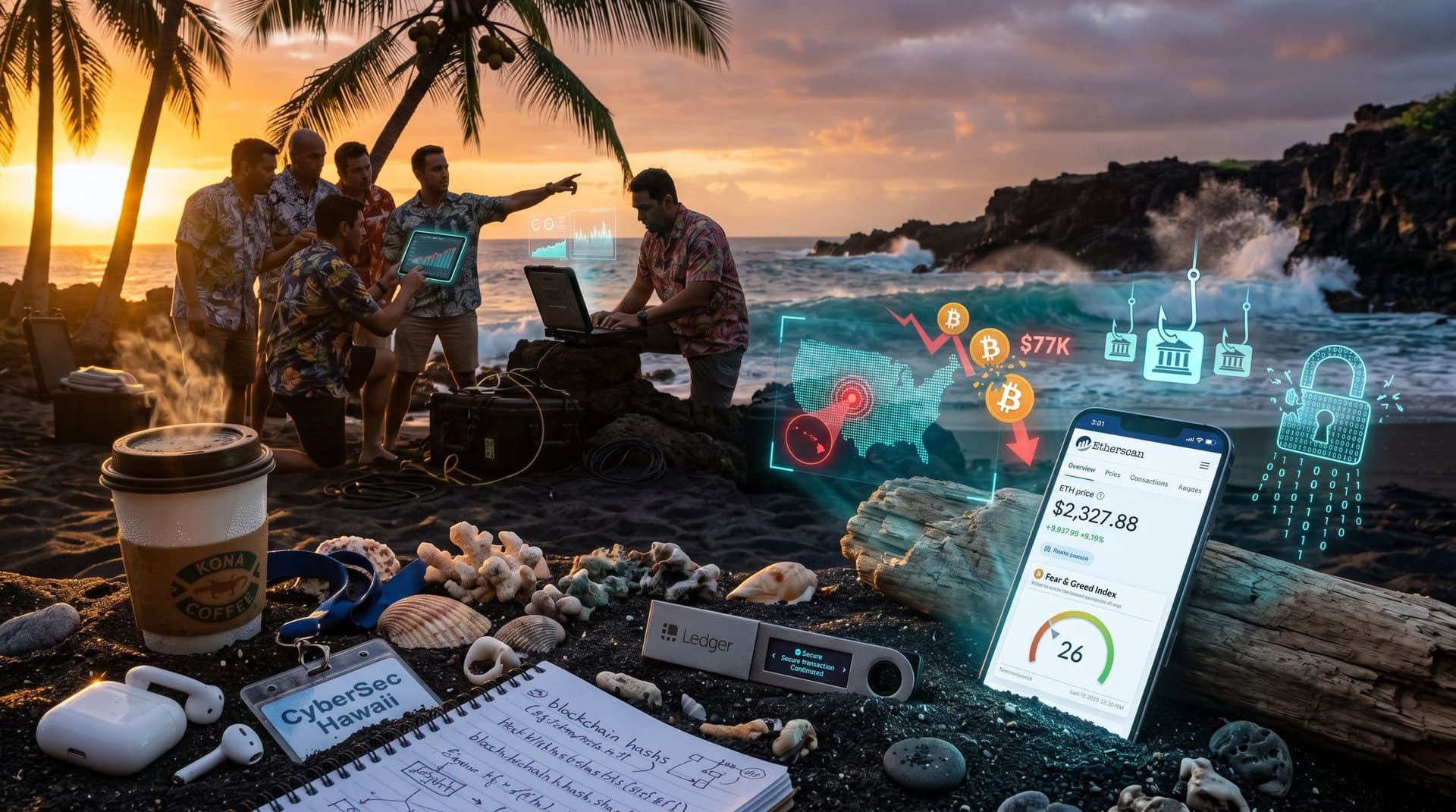 Hawaiian beach with cryptocurrency scams Hawaii alerts, BTC charts at $77K, Fear & Greed Index, and secure hardware wallet against volcanic cliffs