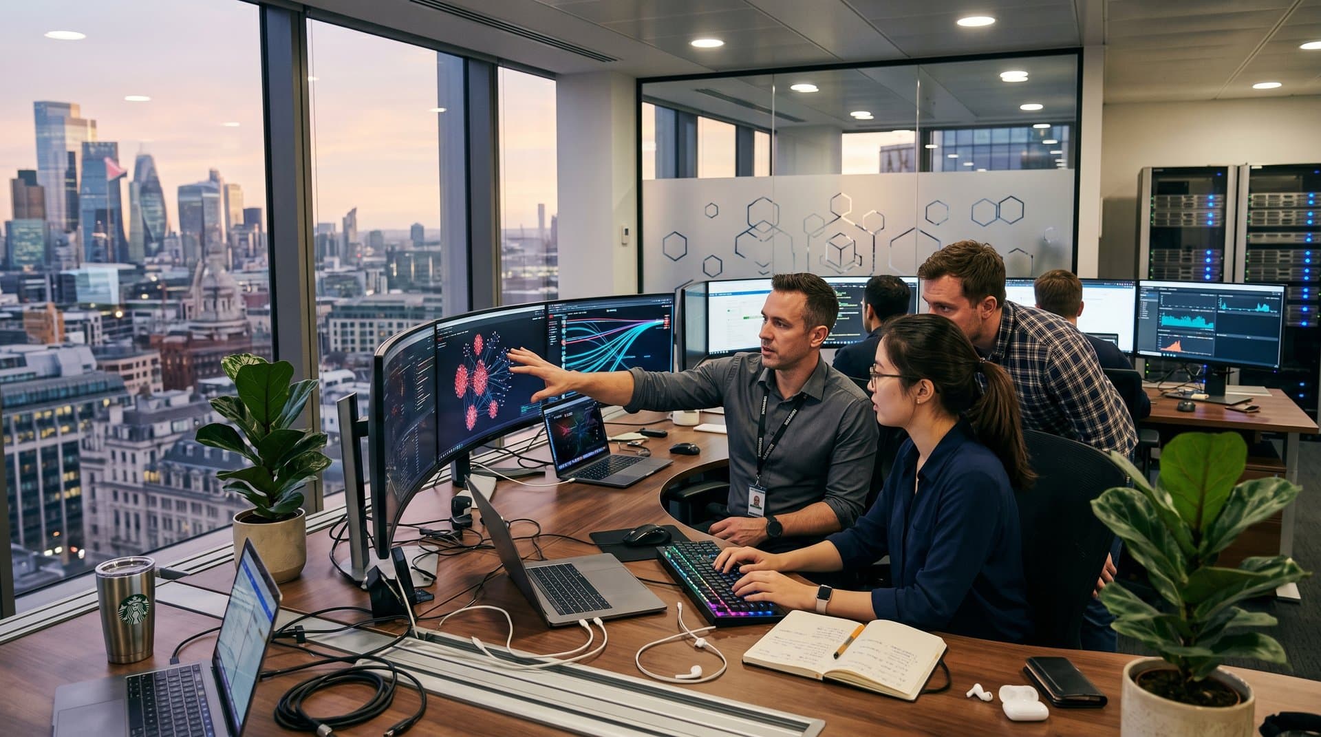 Blockchain forensics center with monitors showing transaction graphs, server racks, and city skyline