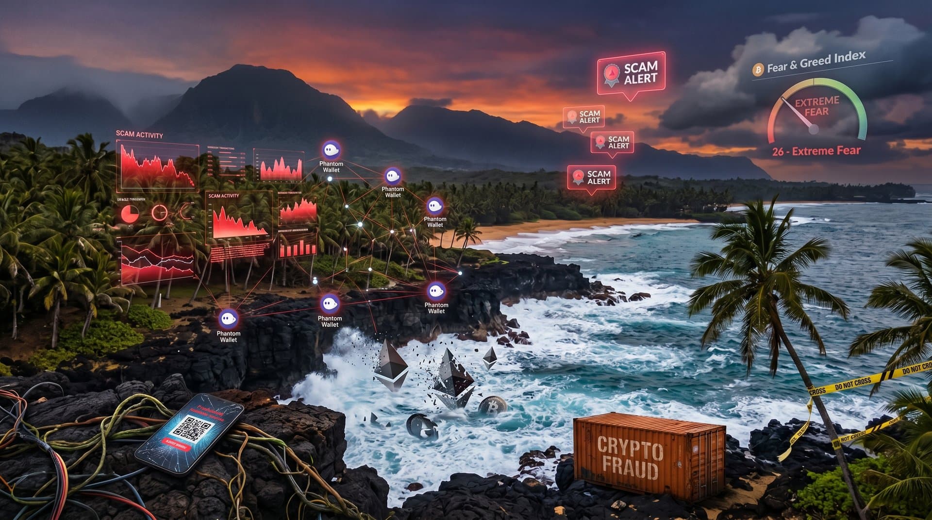 Hawaiian coastline with overlaid blockchain scam networks and FBI warnings, evoking cyber threats in paradise
