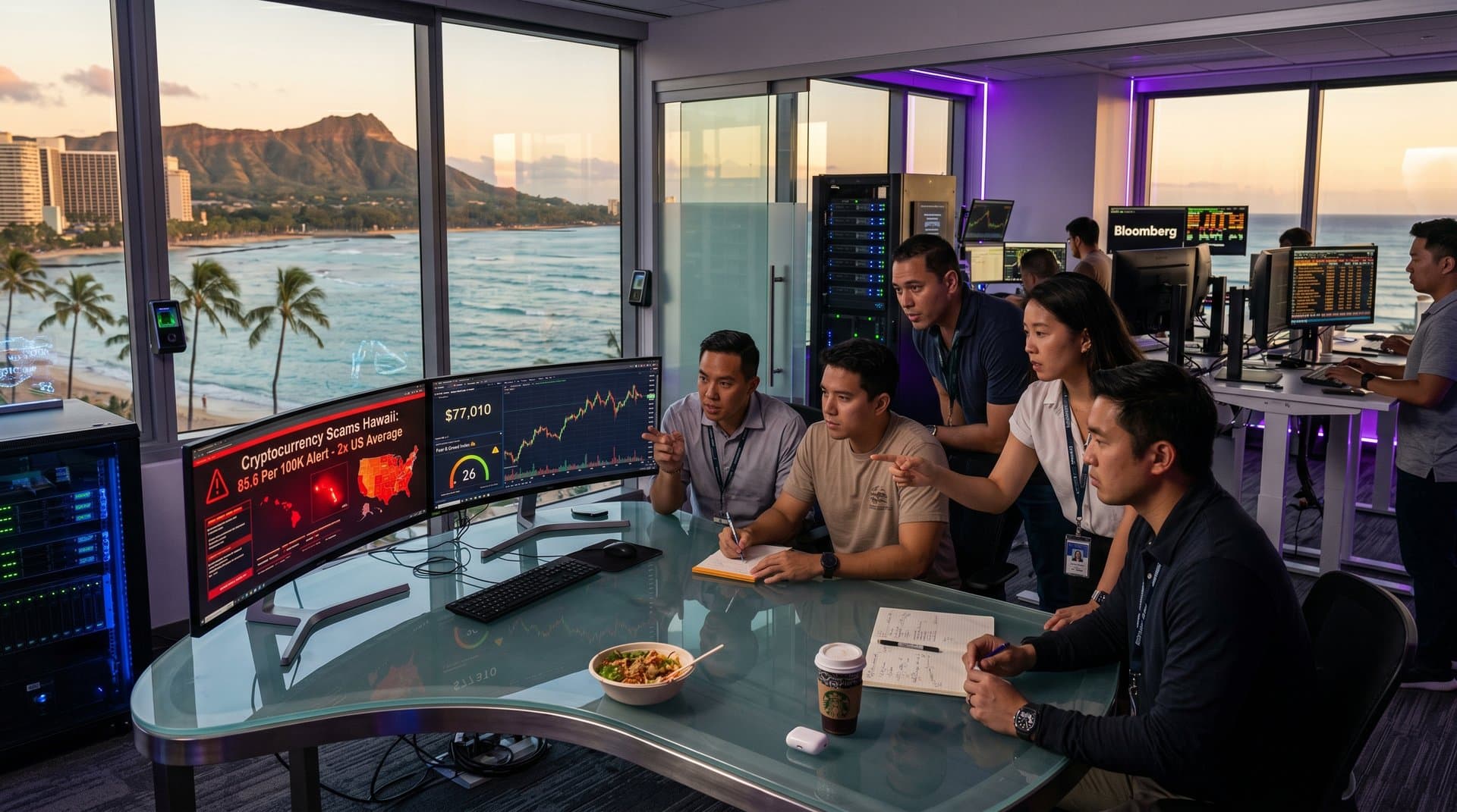 Cybersecurity operations center in Honolulu monitors cryptocurrency scams Hawaii with threat maps and BTC charts