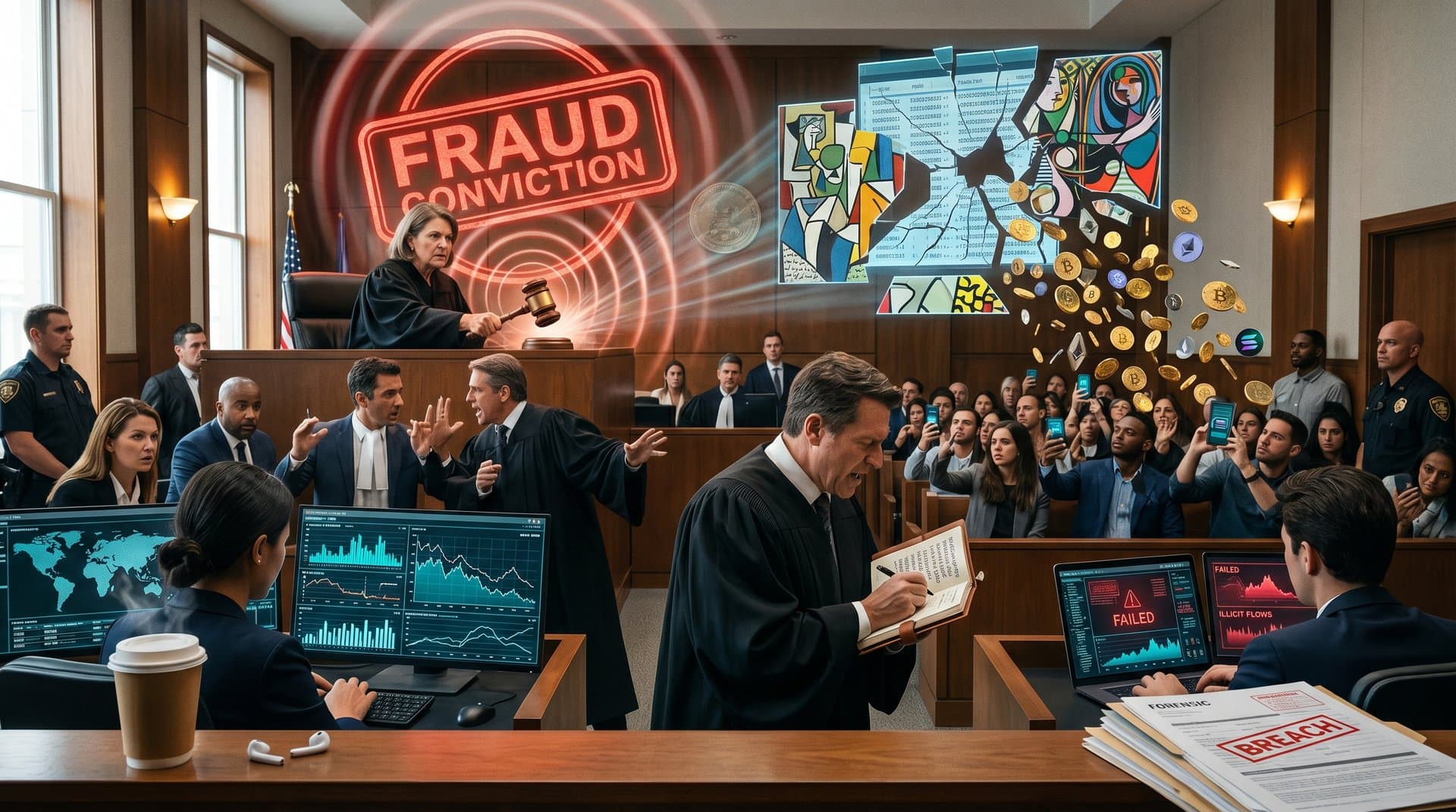 Cracked blockchain with exploding art and crypto coins under a fraud-stamping gavel, digital security alerts glowing