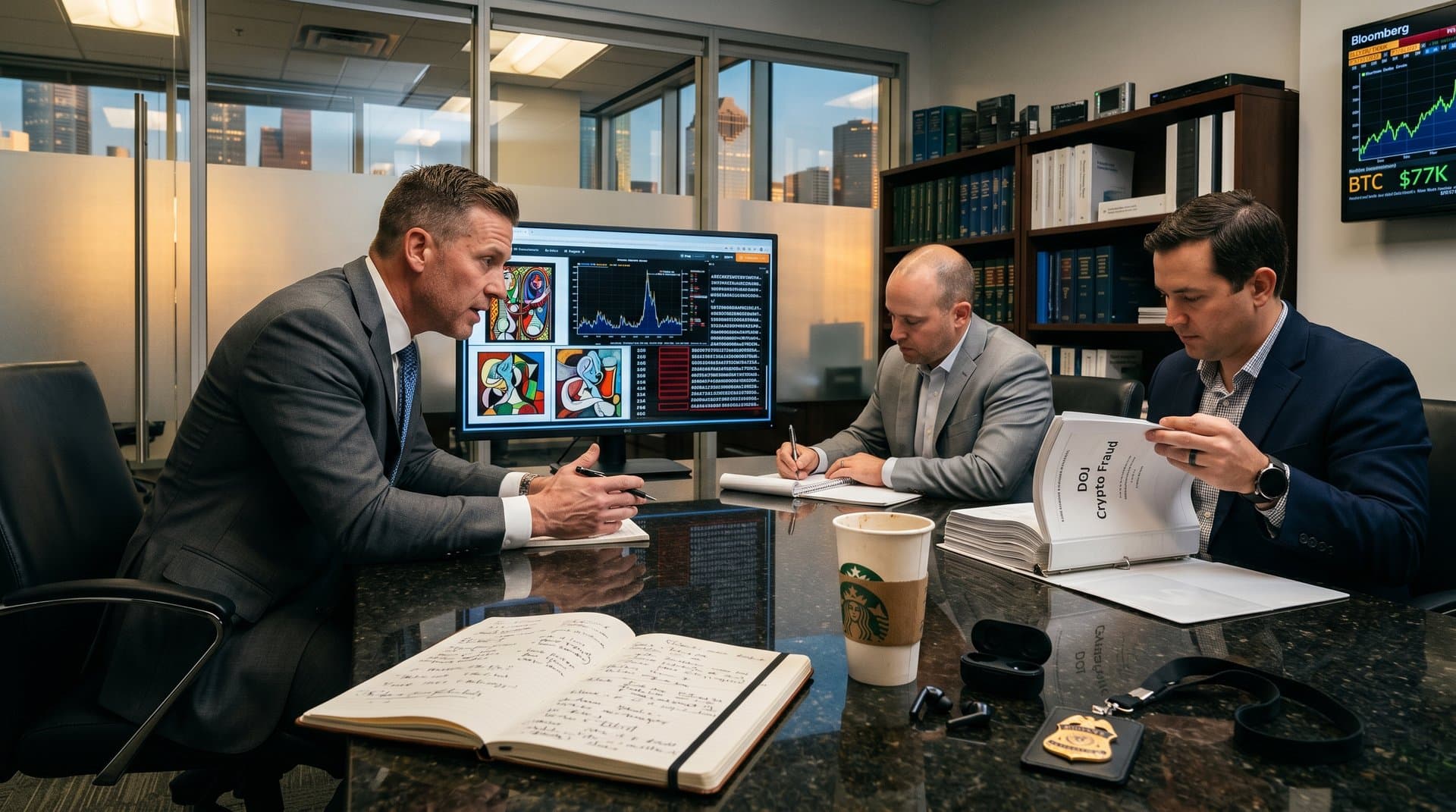 Blockchain graphs, art scans, and legal files on table in federal courthouse conference room with Bloomberg terminal and city view