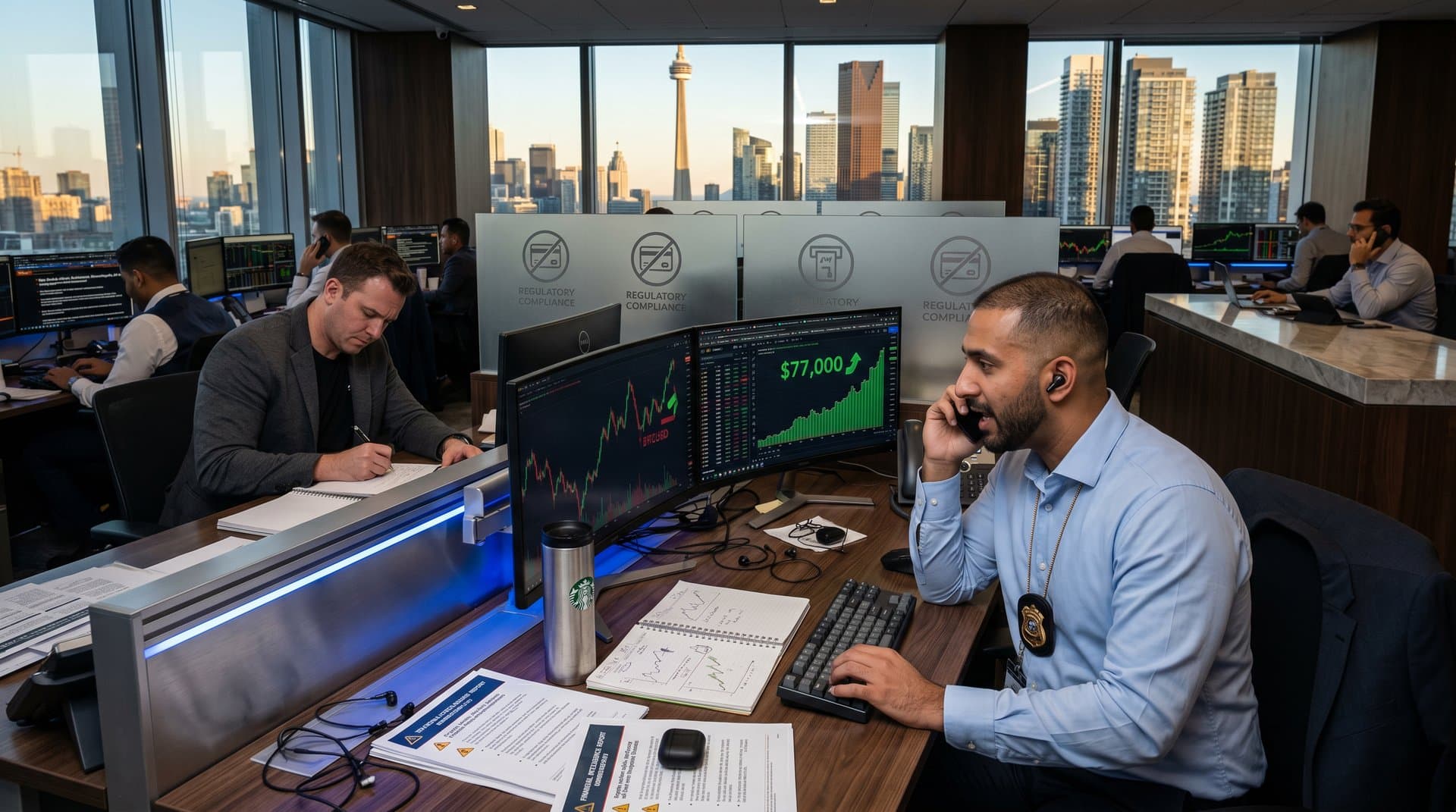 Crypto trading floor monitors show Bitcoin charts and regulatory ban alerts amid Toronto skyline