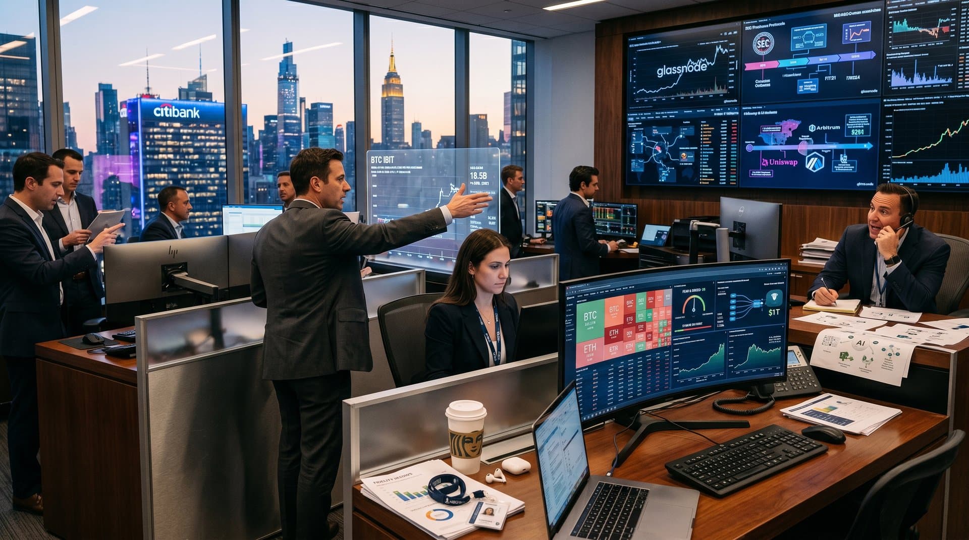 Trading floor analysts monitor crypto charts with BTC at $77K, market forecasts to $1T by 2034, and Fear Index at 26 on multi-screens amid high-tech finance environment