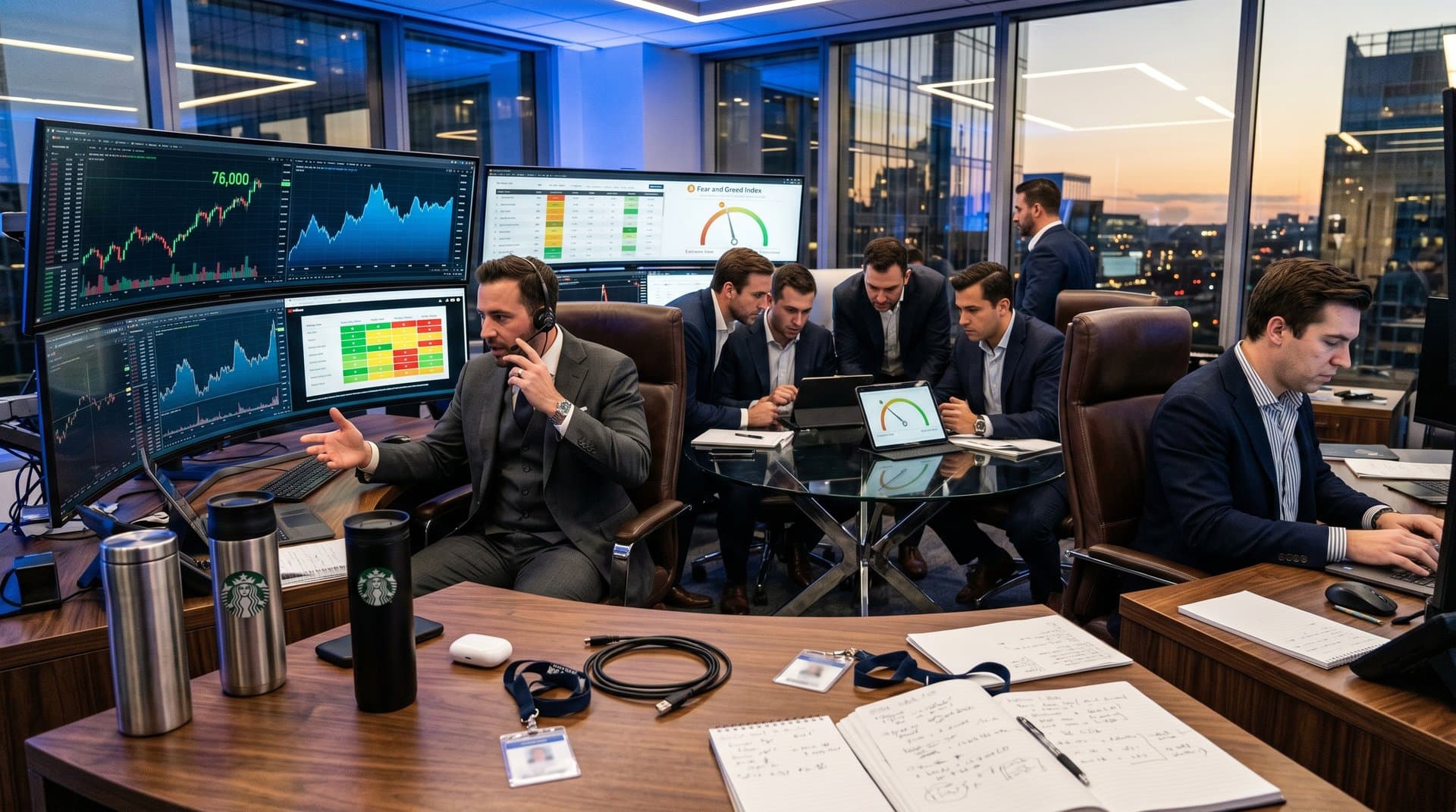 Traders at walnut desks with multi-monitors showing crypto charts, on-chain data on modern trading floor