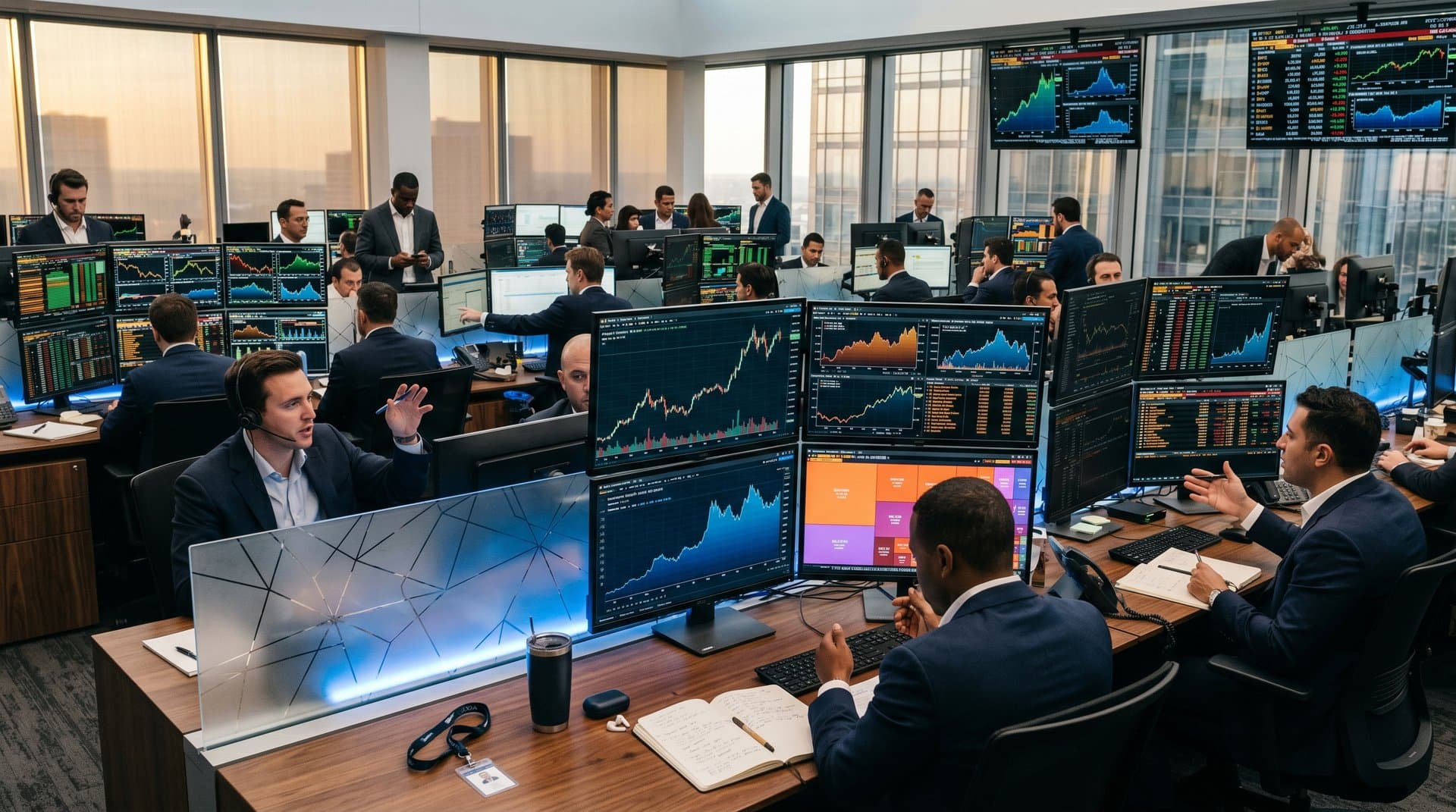 Crypto data visualizations on Bloomberg terminals in modern trading floor with charts, dashboards, heatmaps, and market tables