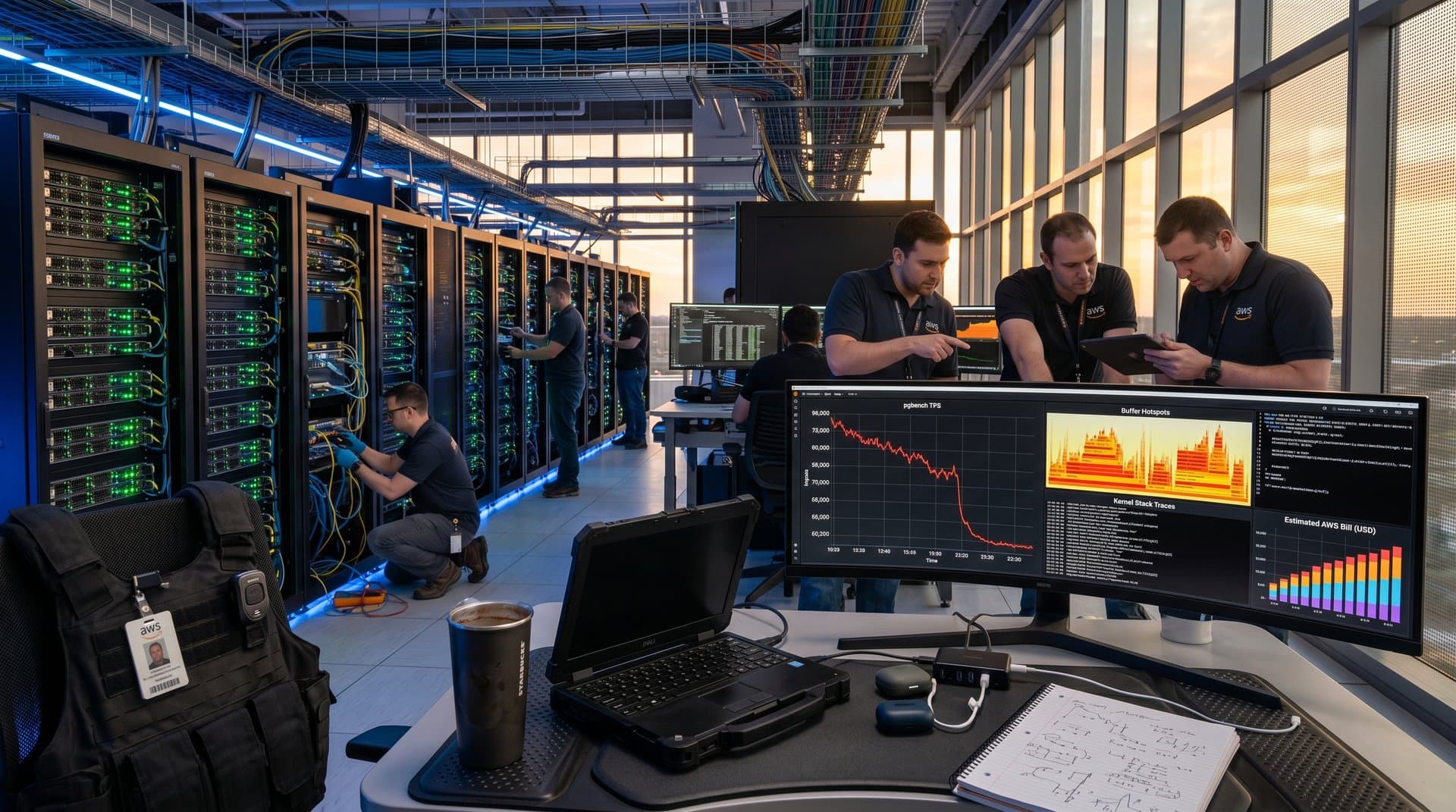 Data center racks with Graviton4 servers, monitors showing pgbench graphs and kernel perf traces under LED lights